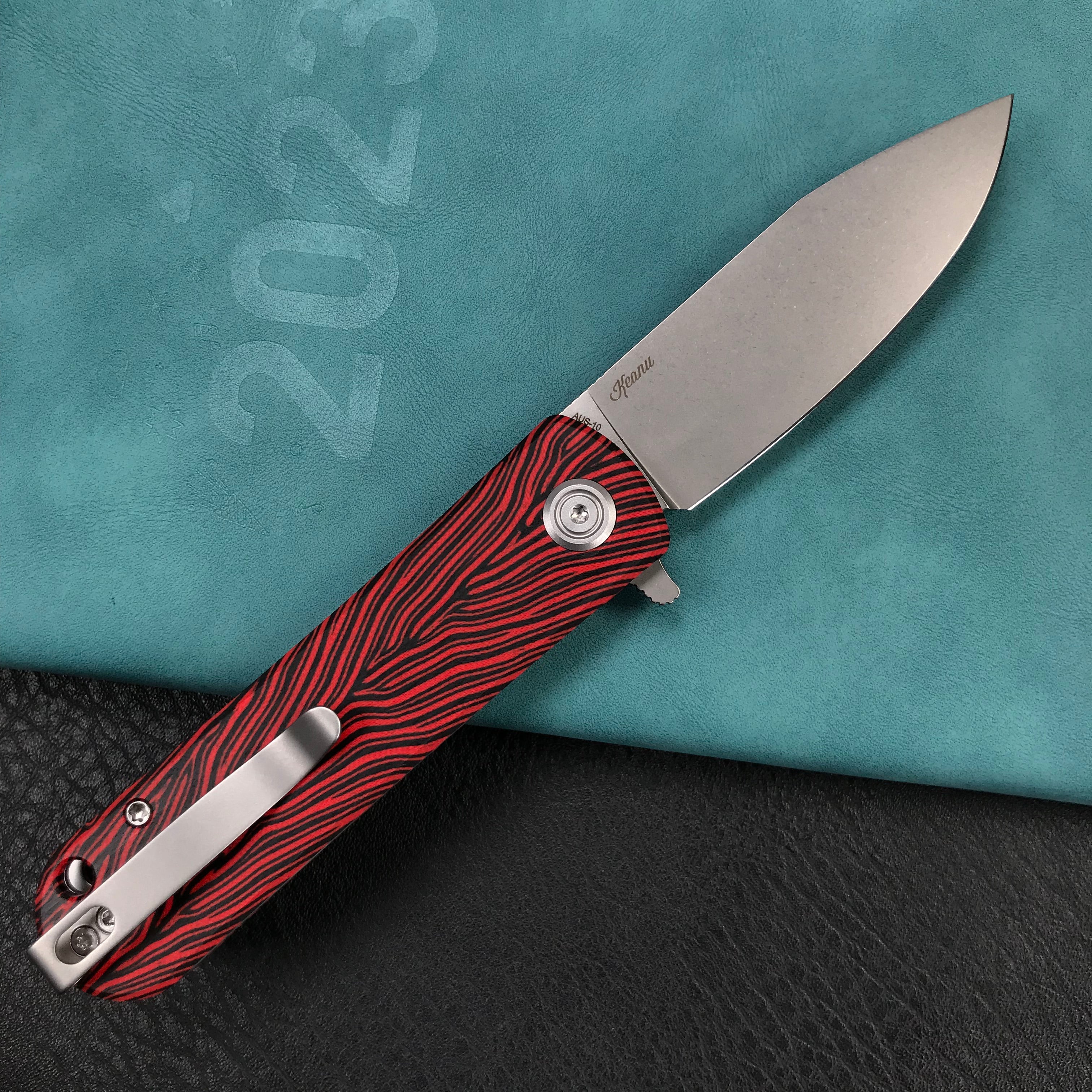 KUBEY KU371E NEO Outdoor Folding Pocket Knife Red black Damascus G10 Handle 3.43" Beadblast AUS-10