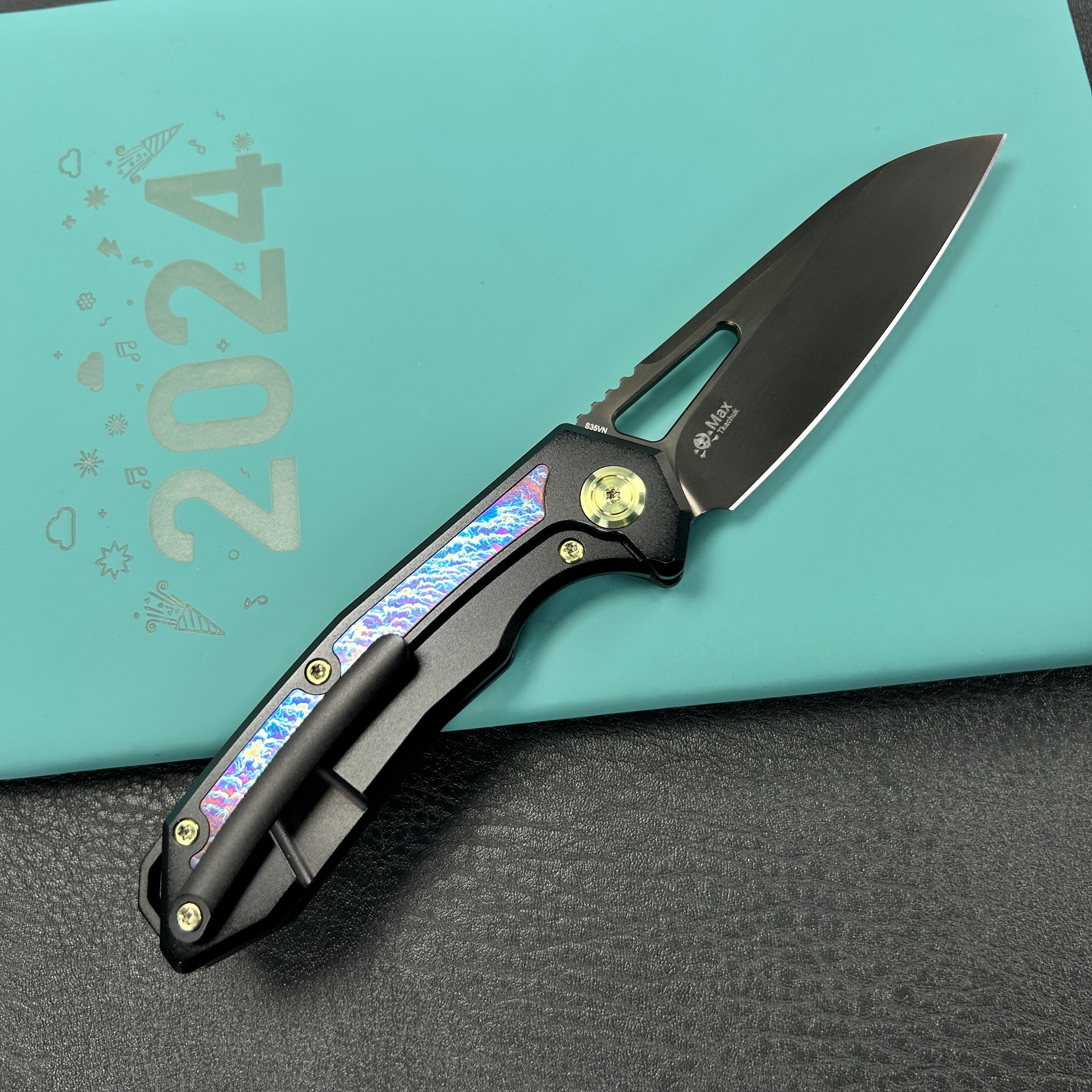 kb knives KB284I Vagrant Pocket Knife Everyday Carry Black Titanium Handle with Timascus Inlays 2.95" Black DLC S35VN Blade