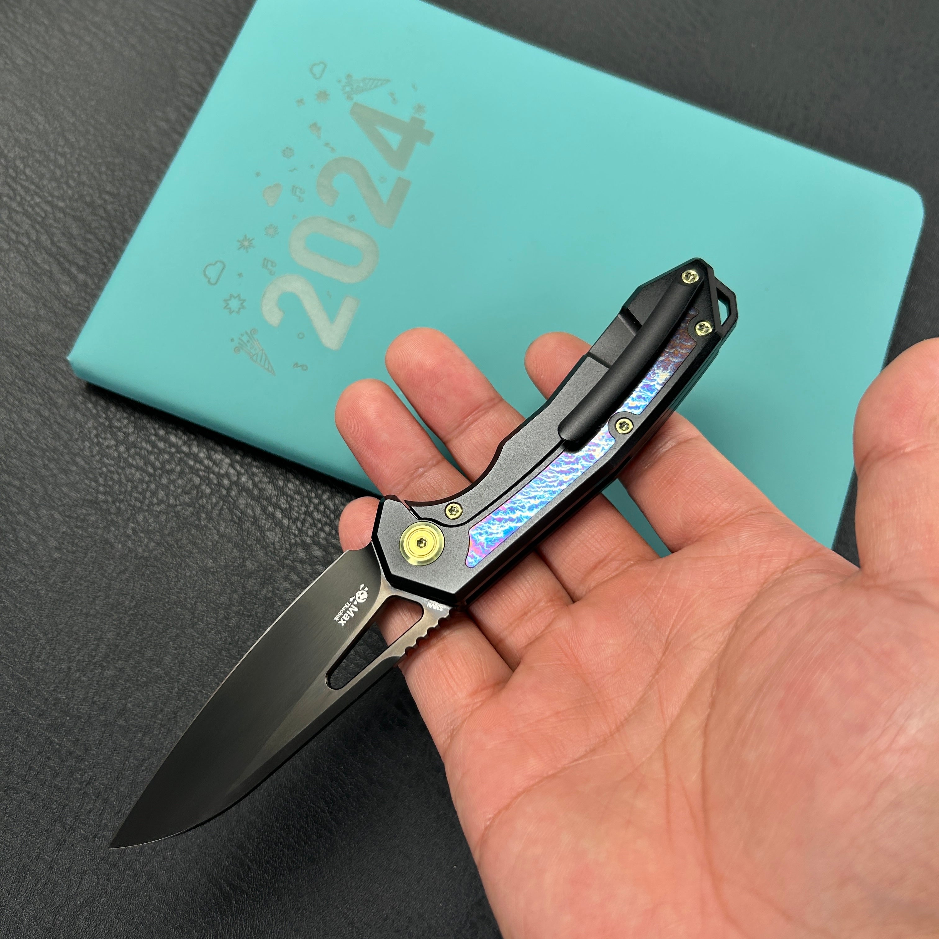 kb knives KB284I Vagrant Pocket Knife Everyday Carry Black Titanium Handle with Timascus Inlays 2.95" Black DLC S35VN Blade