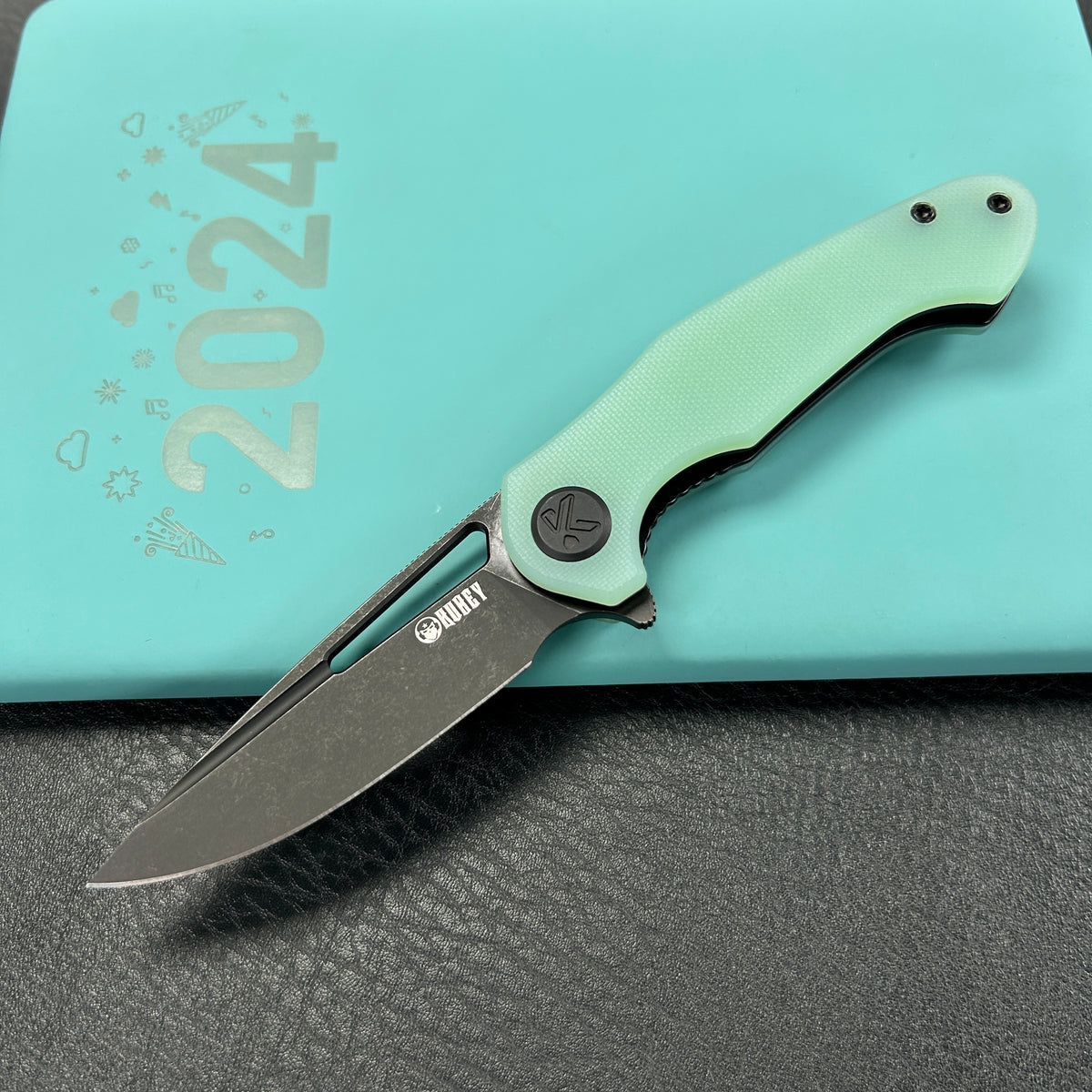 KUBEY KU210K Dugu Liner Lock Folding Knife Jade G10 Handle 2.91'' Blackwash 14C28N Blade