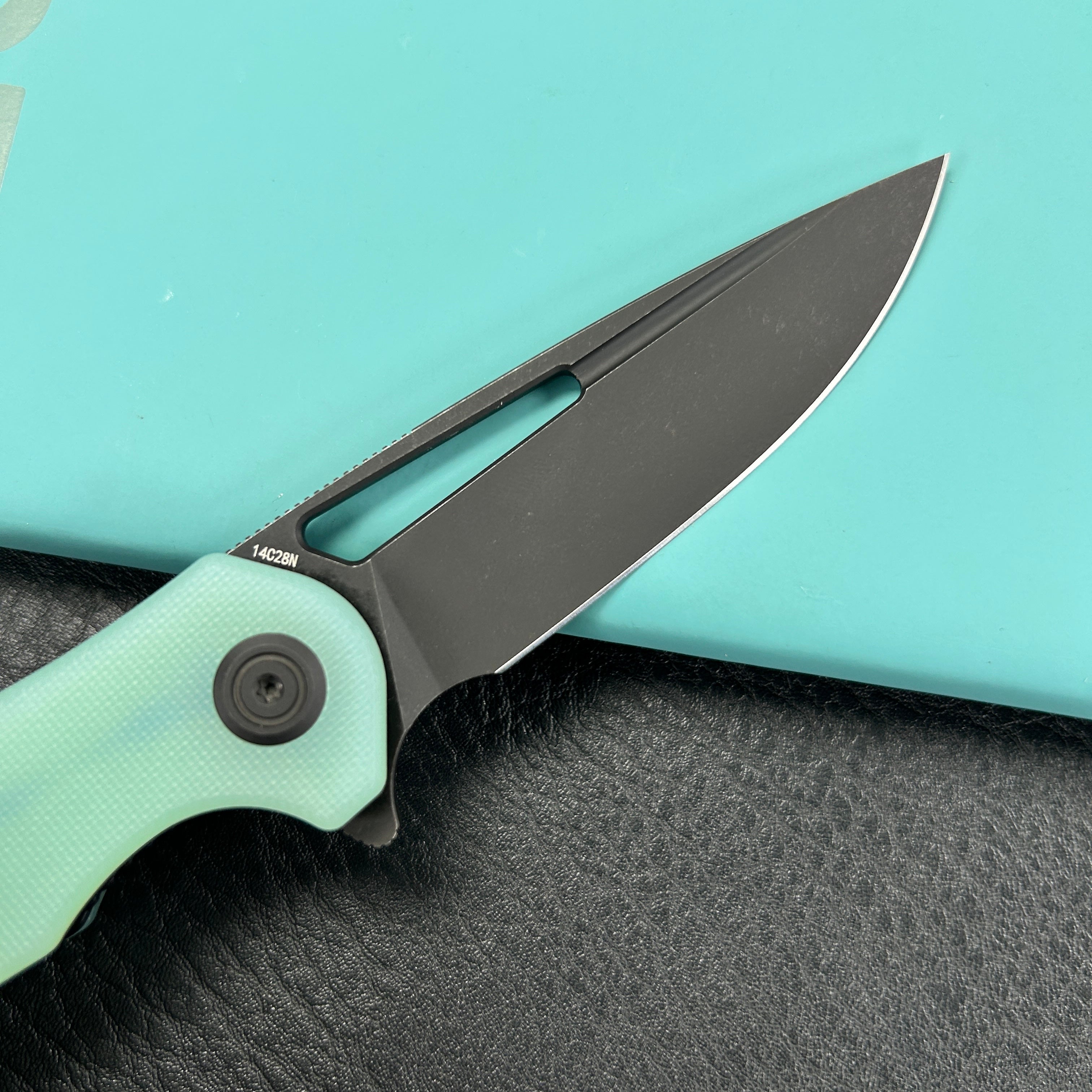 KUBEY KU210K Dugu Liner Lock Folding Knife Jade G10 Handle 2.91'' Blackwash 14C28N Blade