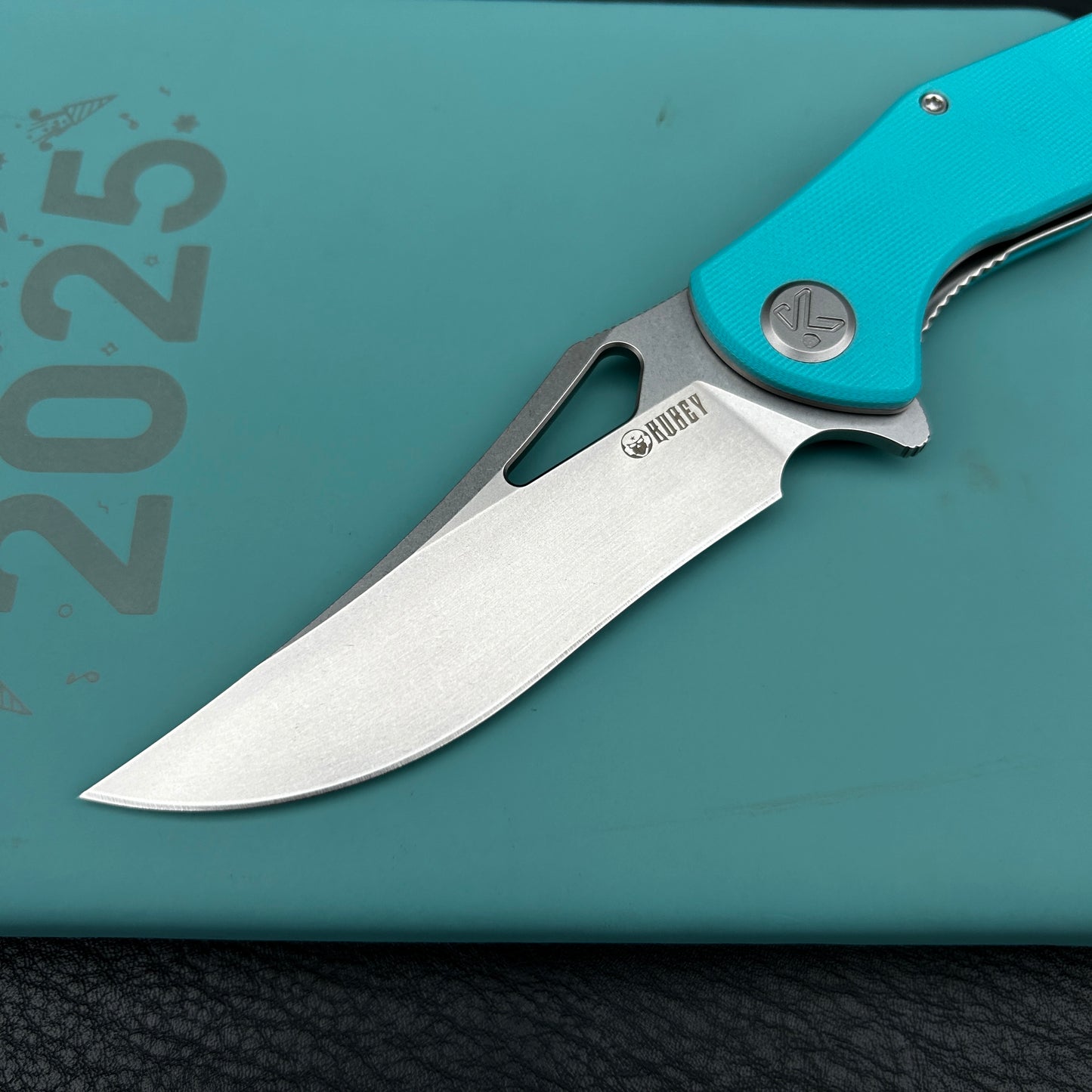 Kubey KU149I Phemius Liner Lock Folding Pocket Knife Tiffany Blue G10 Handle 3.66" Bead Blasted  14C28N