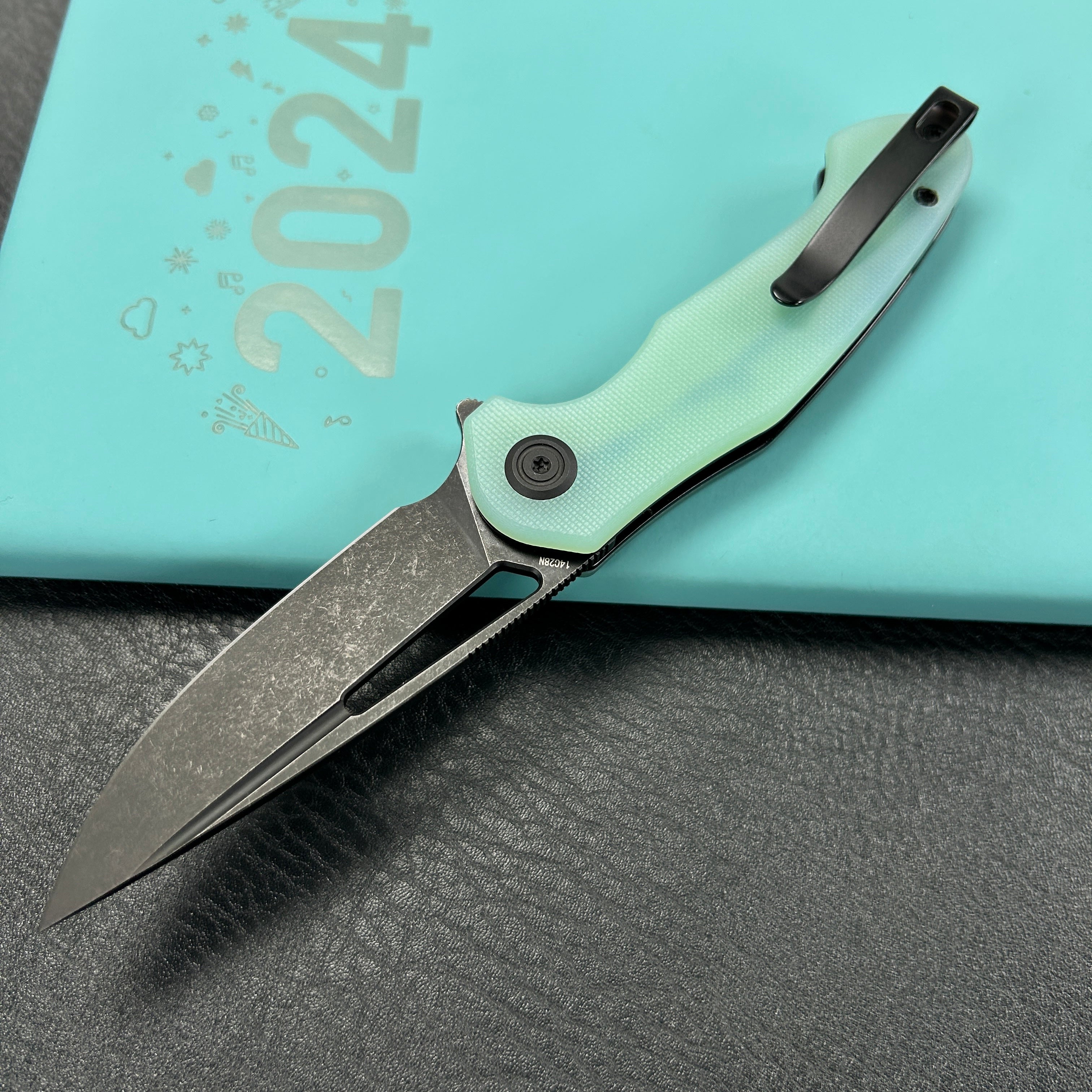 KUBEY KU210K Dugu Liner Lock Folding Knife Jade G10 Handle 2.91'' Blackwash 14C28N Blade