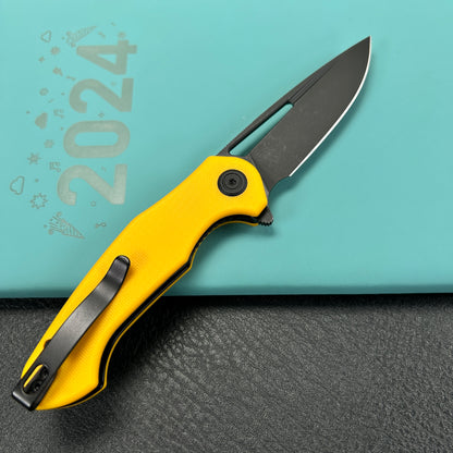 KUBEY  KU210J Dugu Liner Lock Folding Knife Yellow G10 Handle 2.91'' Blackwash 14C28N Blade