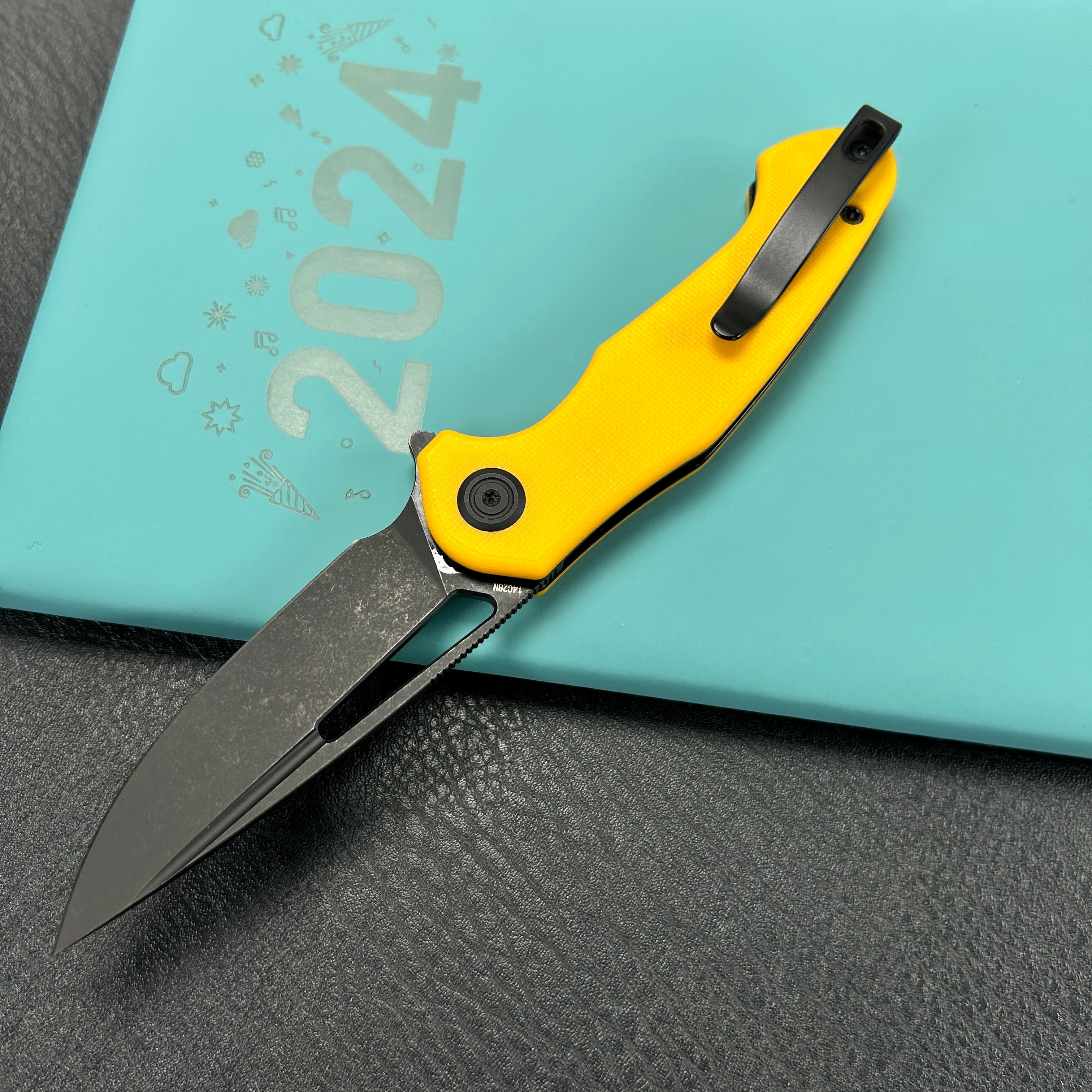 KUBEY  KU210J Dugu Liner Lock Folding Knife Yellow G10 Handle 2.91'' Blackwash 14C28N Blade