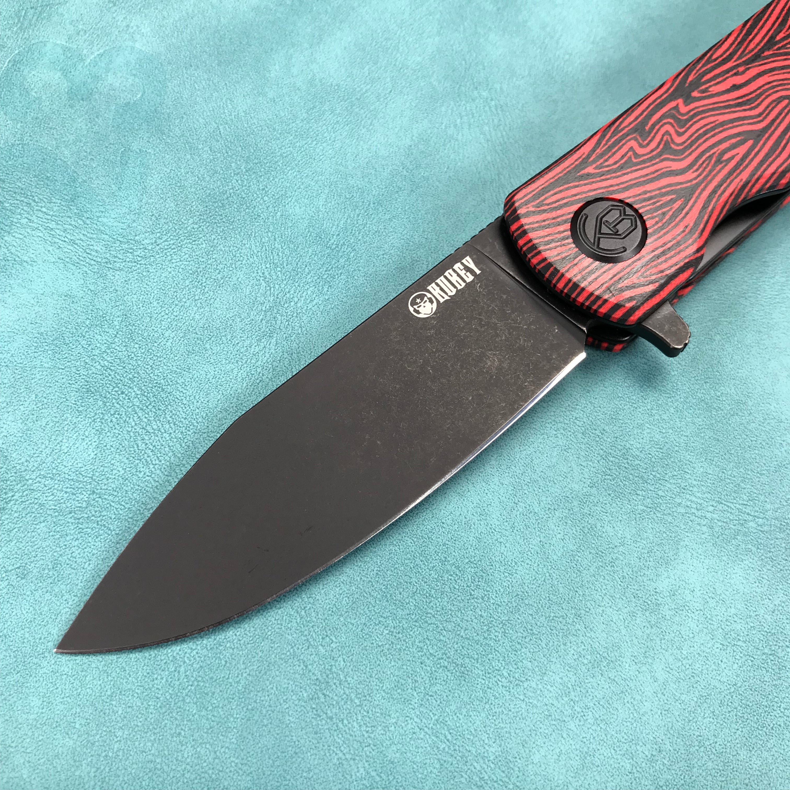 KUBEY KU371F  NEO Outdoor Folding Pocket Knife Red black Damascus G10 Handle 3.43" Blackwash AUS-10