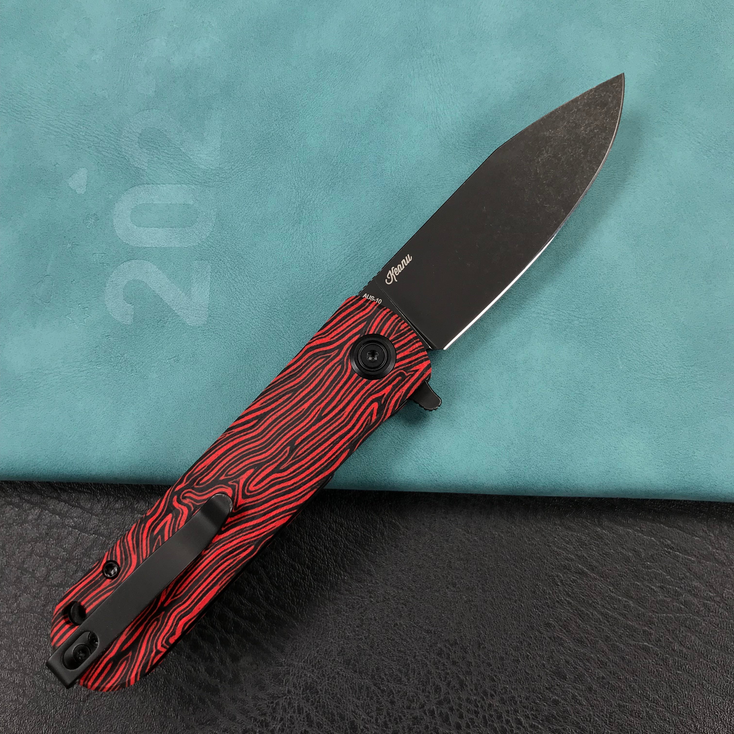 KUBEY KU371F  NEO Outdoor Folding Pocket Knife Red black Damascus G10 Handle 3.43" Blackwash AUS-10