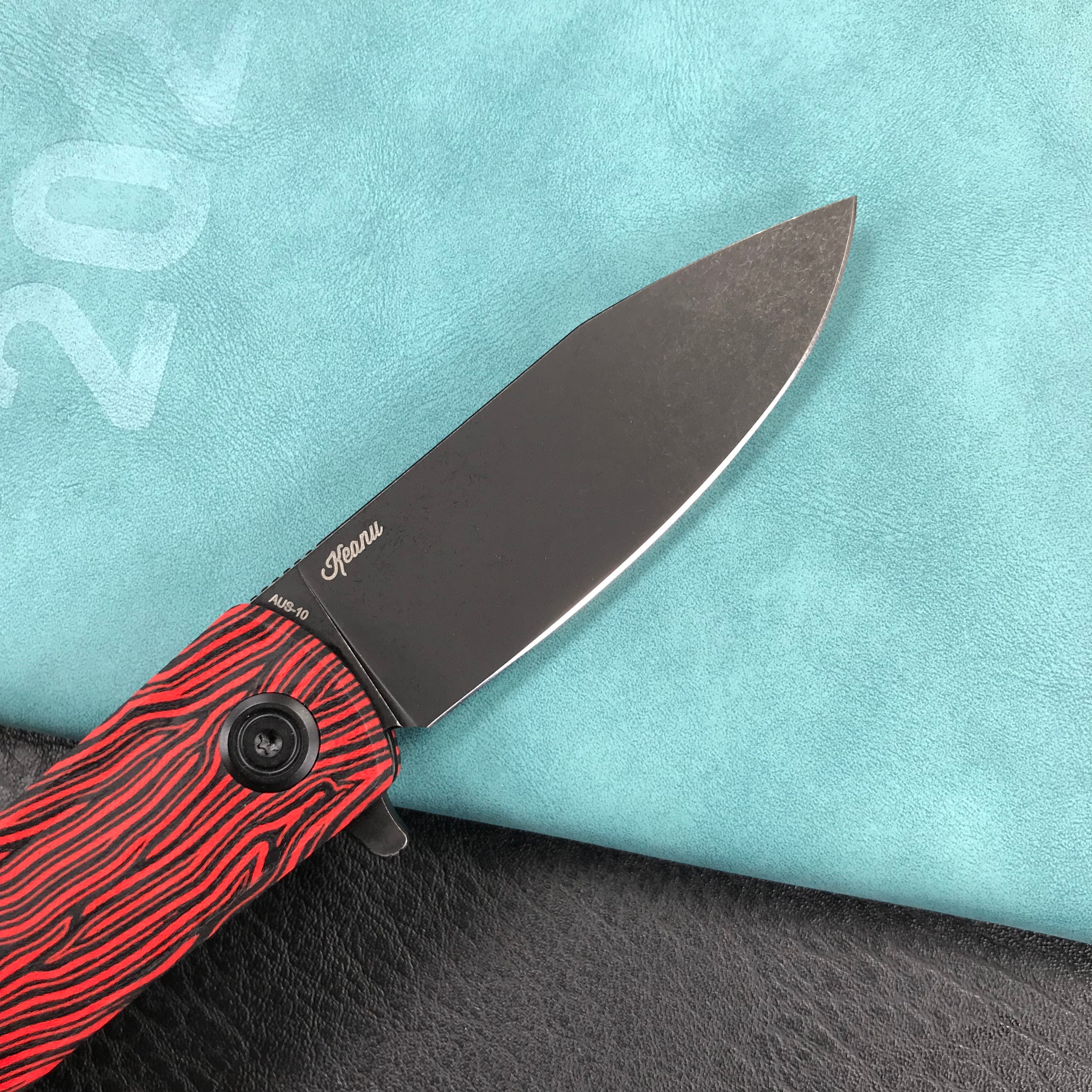 KUBEY KU371F  NEO Outdoor Folding Pocket Knife Red black Damascus G10 Handle 3.43" Blackwash AUS-10