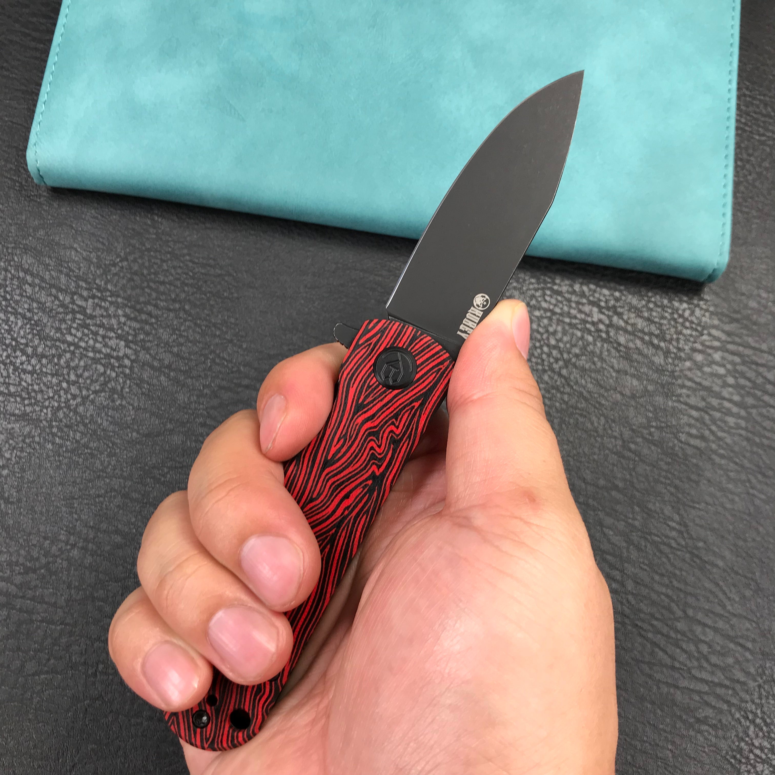 KUBEY KU371F  NEO Outdoor Folding Pocket Knife Red black Damascus G10 Handle 3.43" Blackwash AUS-10