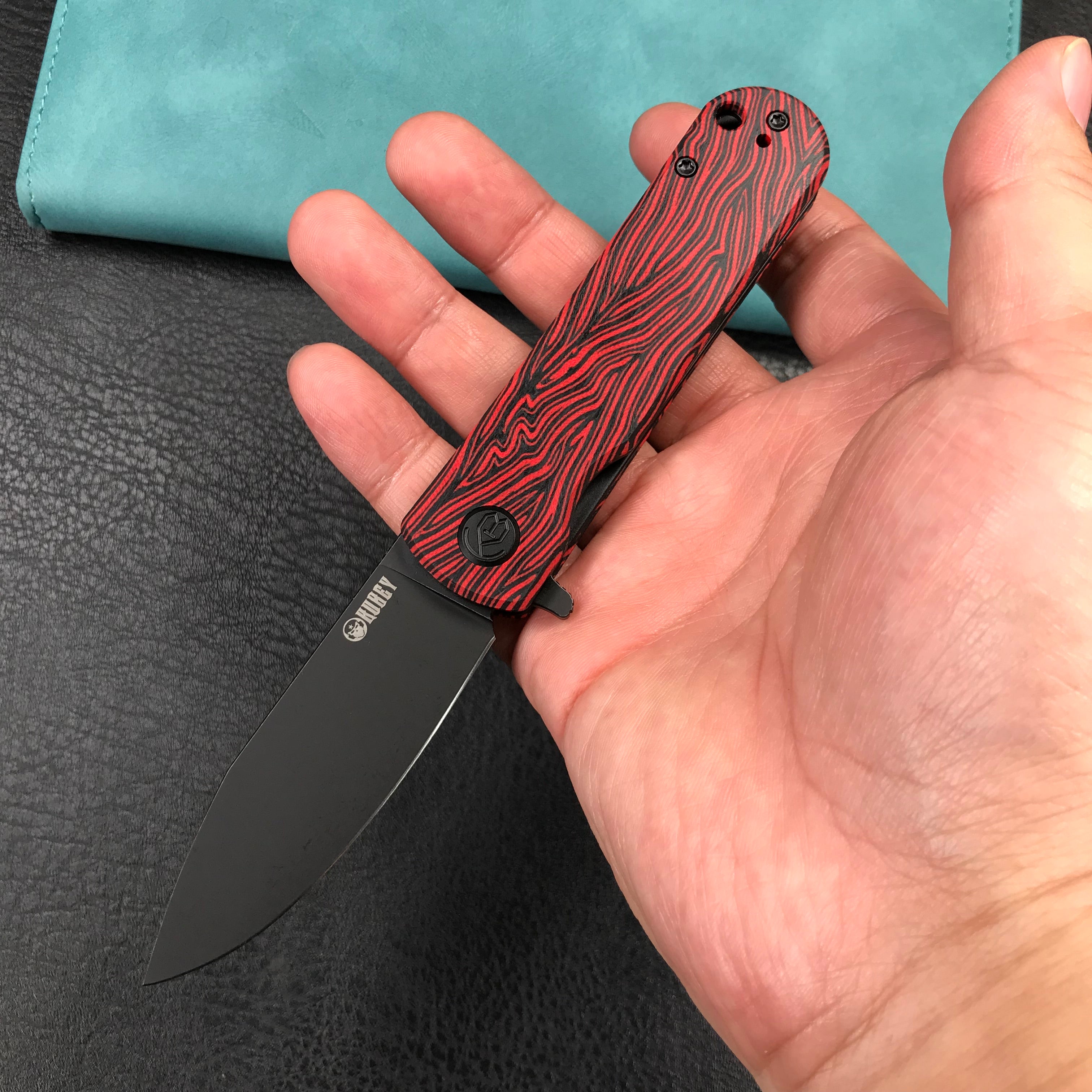 KUBEY KU371F  NEO Outdoor Folding Pocket Knife Red black Damascus G10 Handle 3.43" Blackwash AUS-10