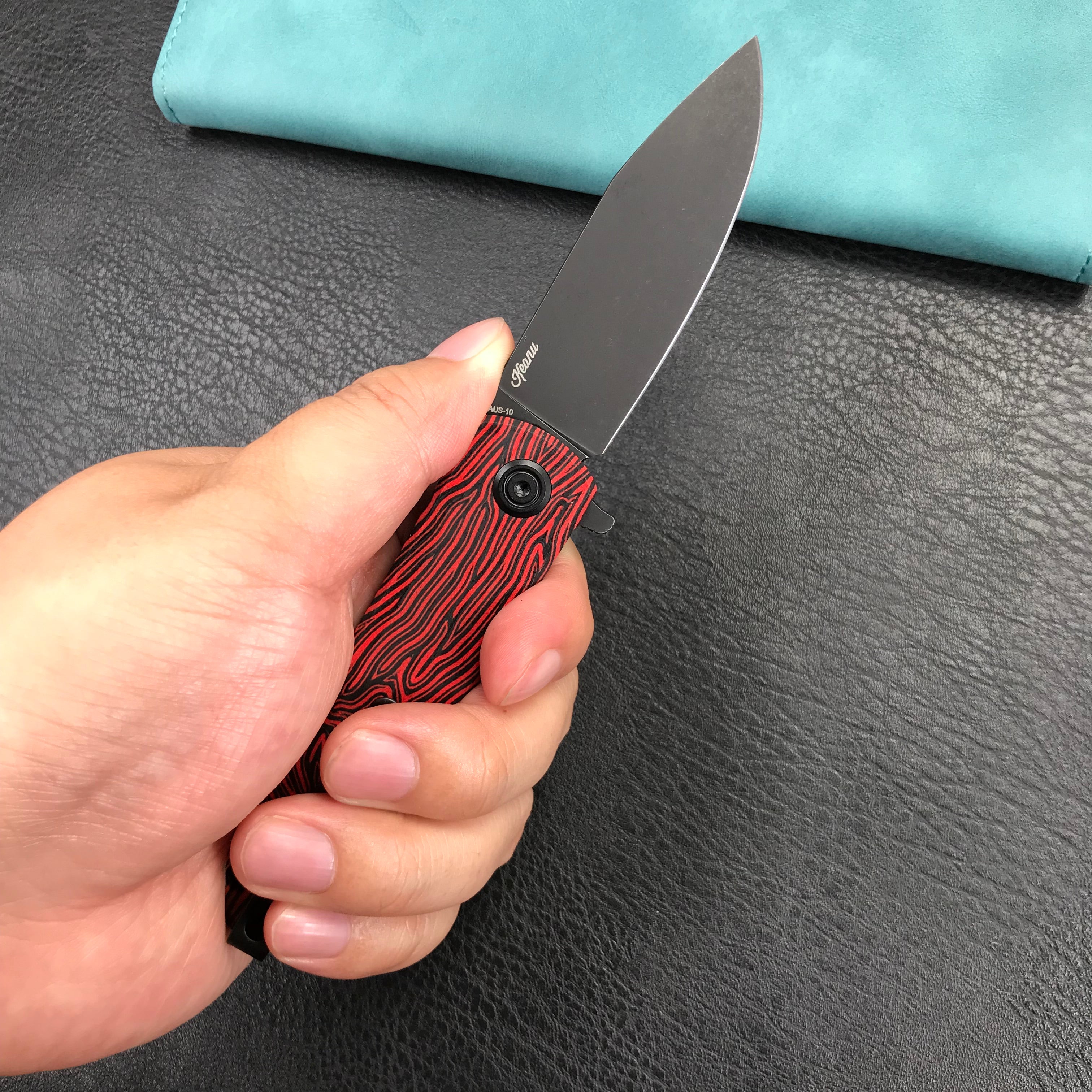 KUBEY KU371F  NEO Outdoor Folding Pocket Knife Red black Damascus G10 Handle 3.43" Blackwash AUS-10