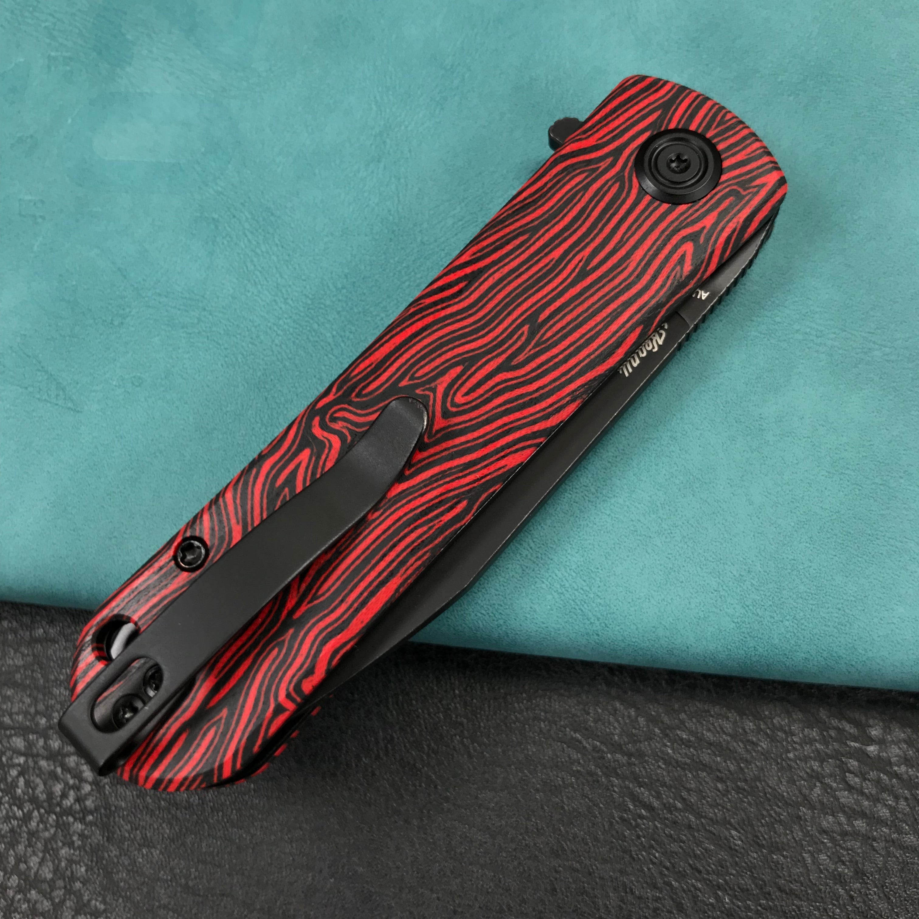 KUBEY KU371F  NEO Outdoor Folding Pocket Knife Red black Damascus G10 Handle 3.43" Blackwash AUS-10