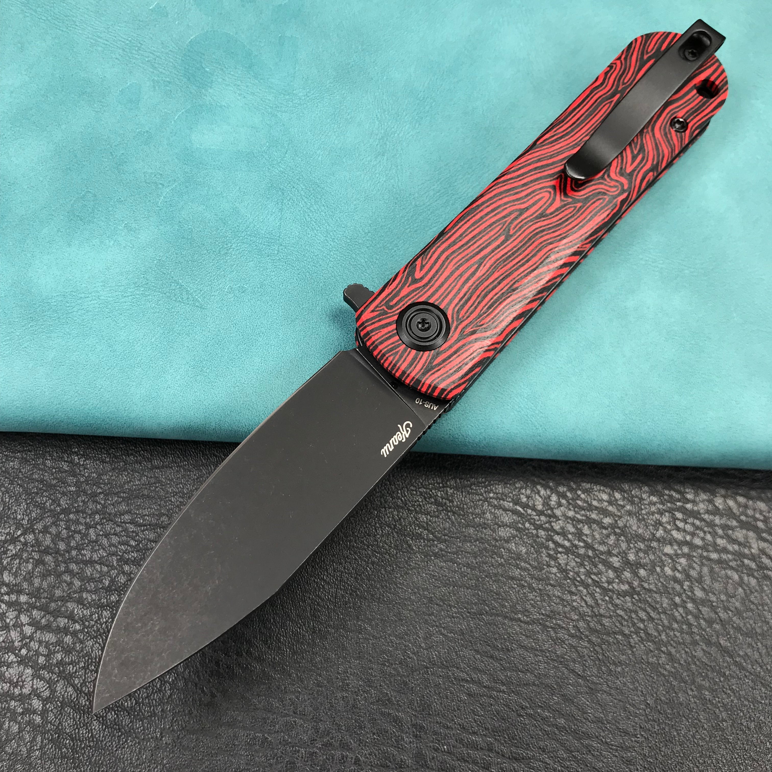 KUBEY KU371F  NEO Outdoor Folding Pocket Knife Red black Damascus G10 Handle 3.43" Blackwash AUS-10