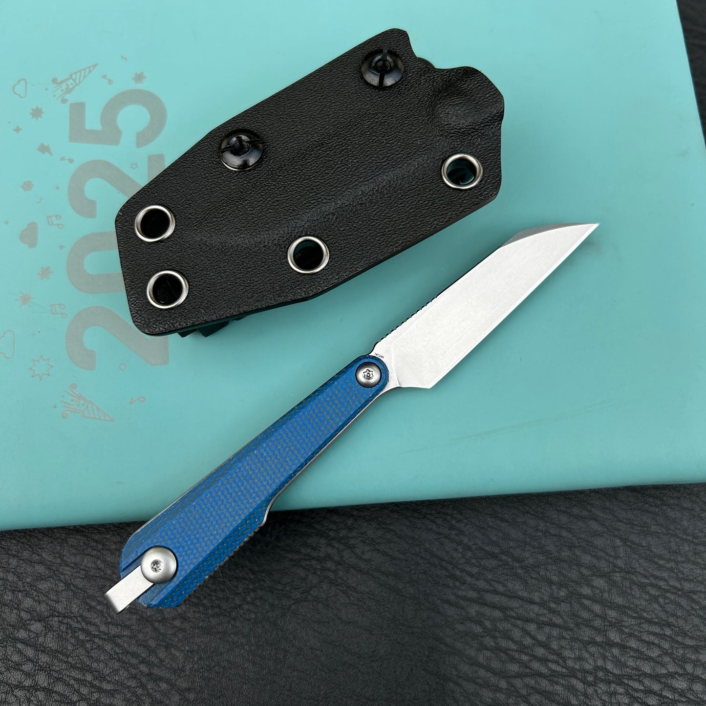 KUBEY KU450B YAG Fixed Blade Knife Blue Micarta Handle 2.4" Beadblast 14C28N Fixed  Knife