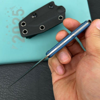 KUBEY KU450B YAG Fixed Blade Knife Blue Micarta Handle 2.4" Beadblast 14C28N Fixed  Knife