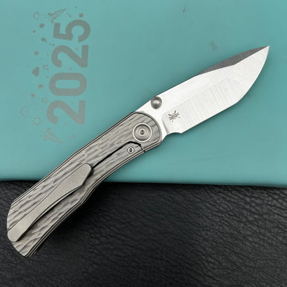 KB KB444A Folklore Folding Knife Sandblast Titanium w/ Jigged Pattern Milling Handle 3.42'' Belt Satin M390 Blade