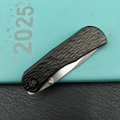 KB KB444C Folklore Folding Knife Regular DLC Titanium w/ Jigged Pattern Milling Handle 3.42'' Belt Satin M390 Blade