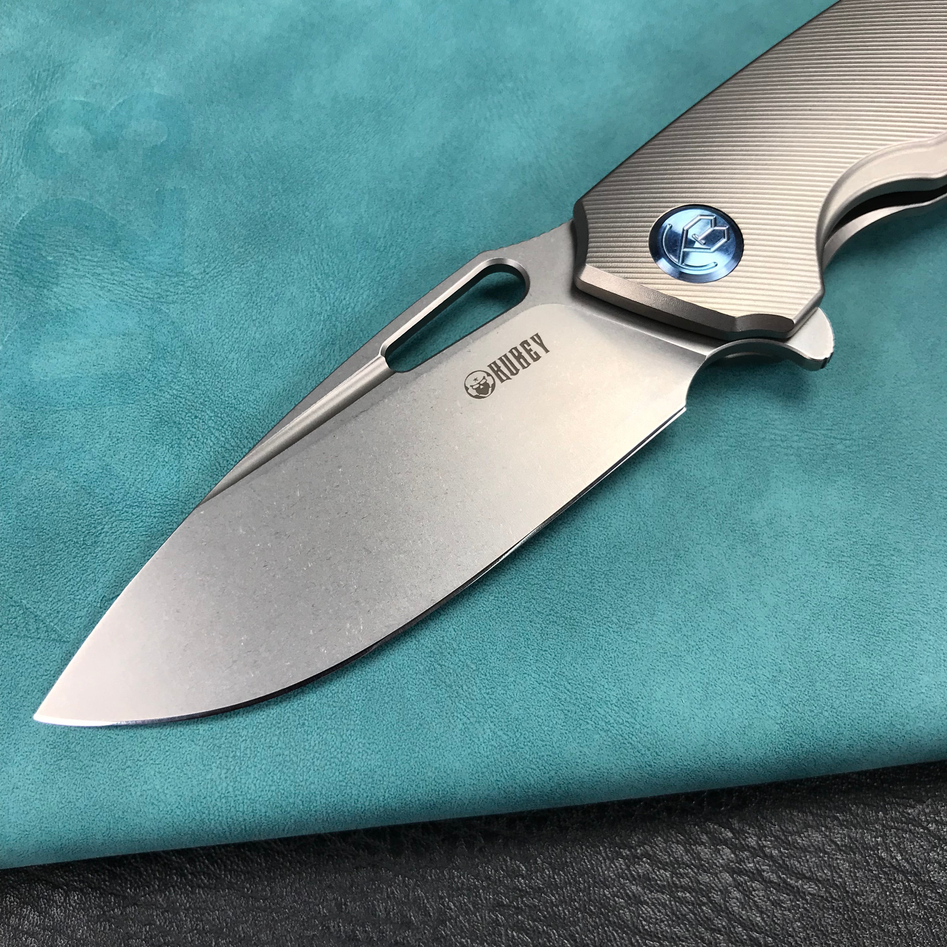 KUBEY KB360A Tityus Frame Lock Flipper Folding Knife grey 6AL4V Titanium Handle  3.39" Blasted Stonewashed 14C28N