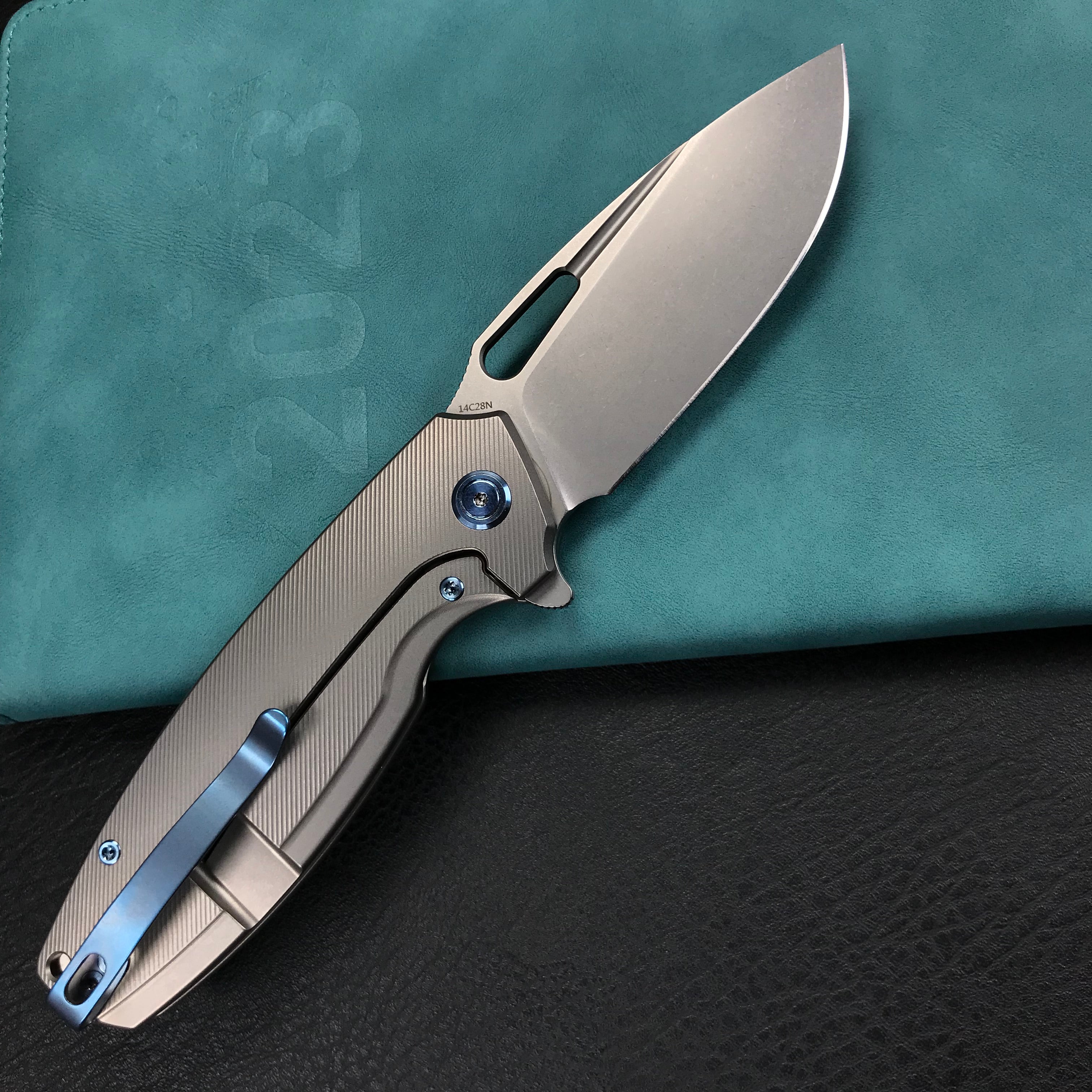 KUBEY KB360A Tityus Frame Lock Flipper Folding Knife grey 6AL4V Titanium Handle  3.39" Blasted Stonewashed 14C28N