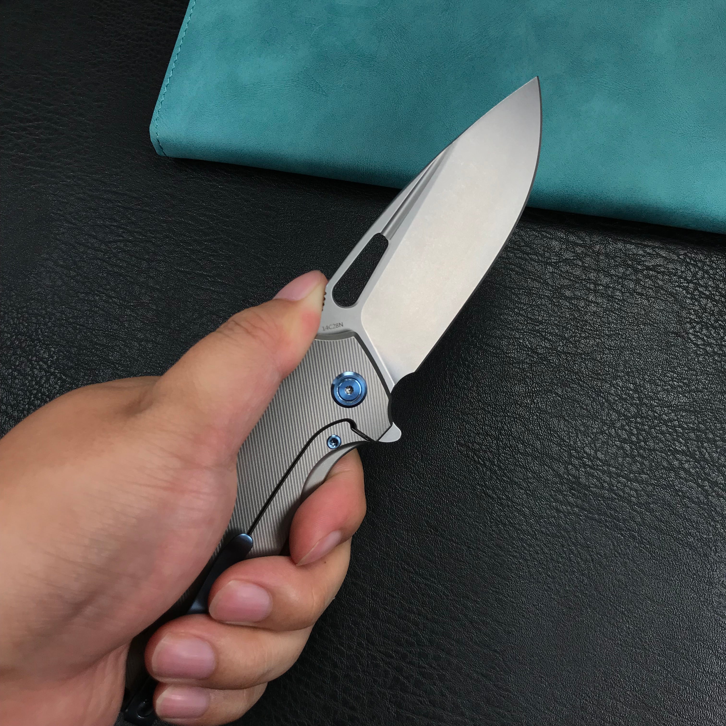 KUBEY KB360A Tityus Frame Lock Flipper Folding Knife grey 6AL4V Titanium Handle  3.39" Blasted Stonewashed 14C28N