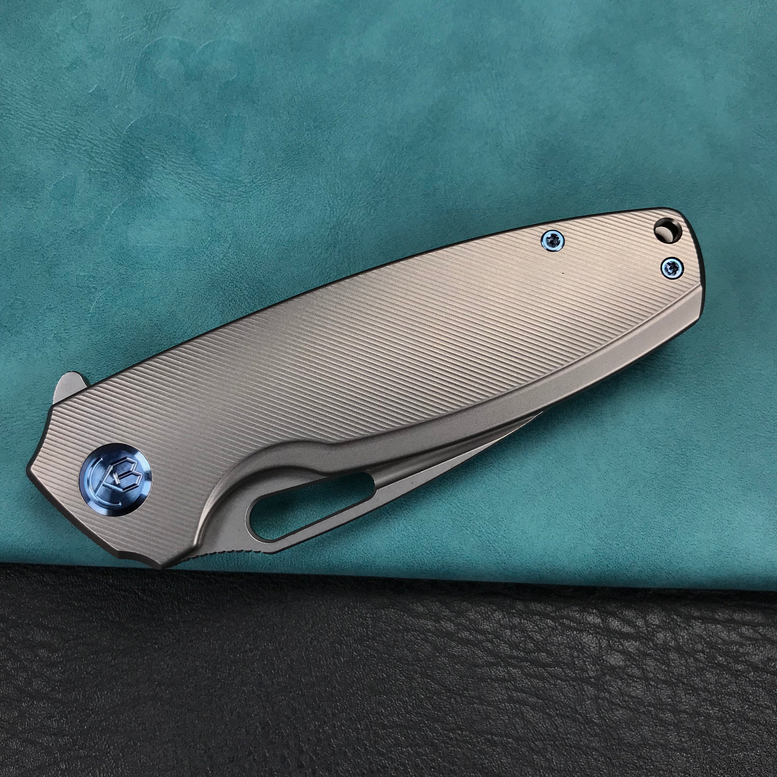 KUBEY KB360A Tityus Frame Lock Flipper Folding Knife grey 6AL4V Titanium Handle  3.39" Blasted Stonewashed 14C28N