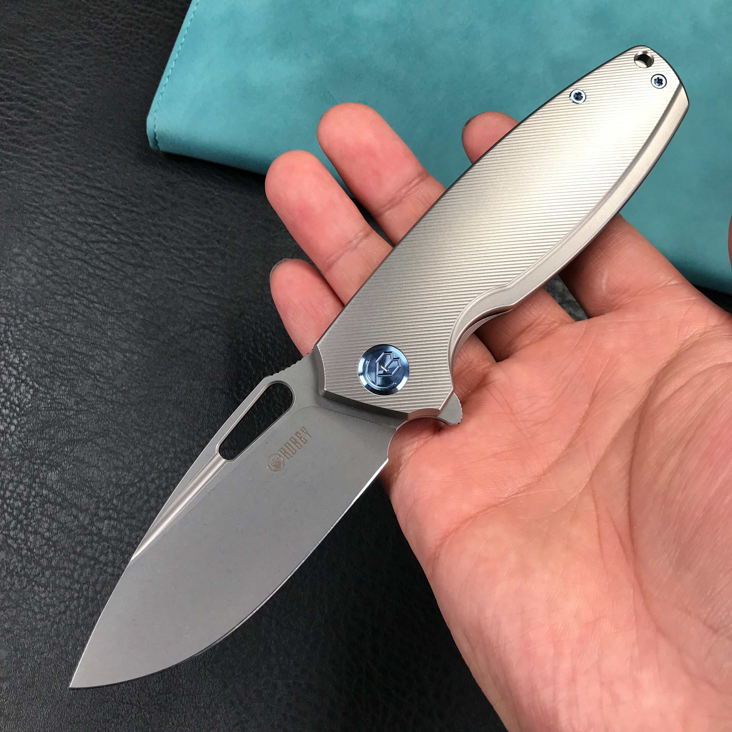 KUBEY KB360A Tityus Frame Lock Flipper Folding Knife grey 6AL4V Titanium Handle  3.39" Blasted Stonewashed 14C28N