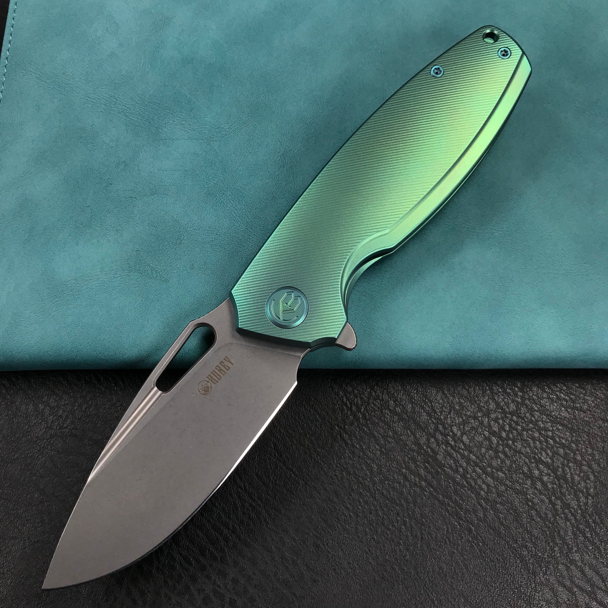 KUBEY KB360B Tityus Frame Lock Flipper Folding Knife green 6AL4V Titanium Handle  3.39" Blasted Stonewashed 14C28N