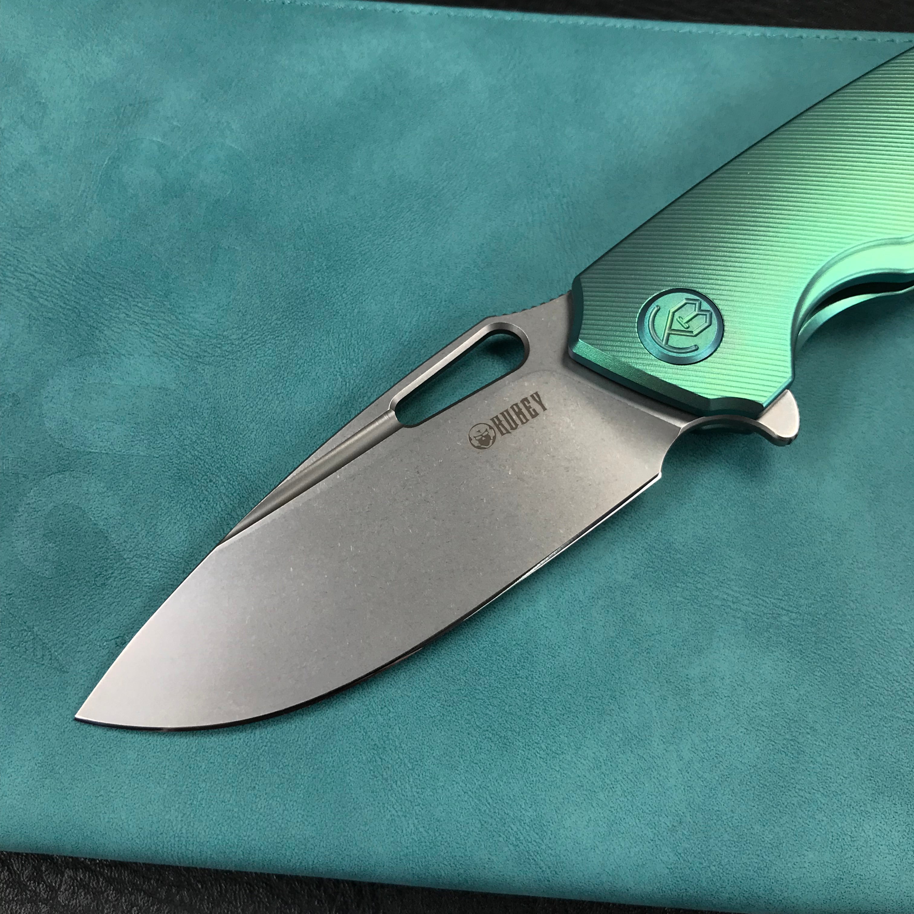 KUBEY KB360B Tityus Frame Lock Flipper Folding Knife green 6AL4V Titanium Handle  3.39" Blasted Stonewashed 14C28N