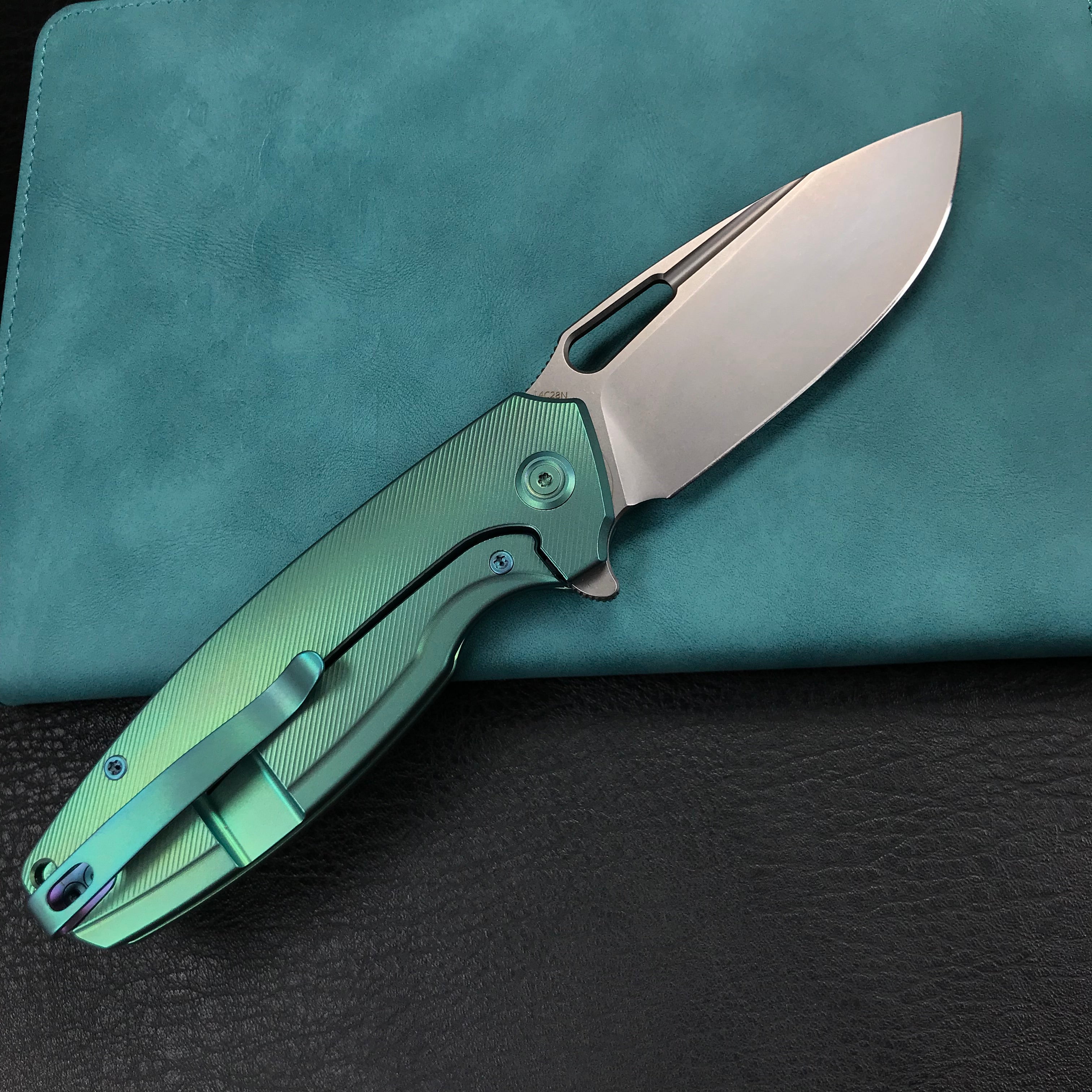 KUBEY KB360B Tityus Frame Lock Flipper Folding Knife green 6AL4V Titanium Handle  3.39" Blasted Stonewashed 14C28N