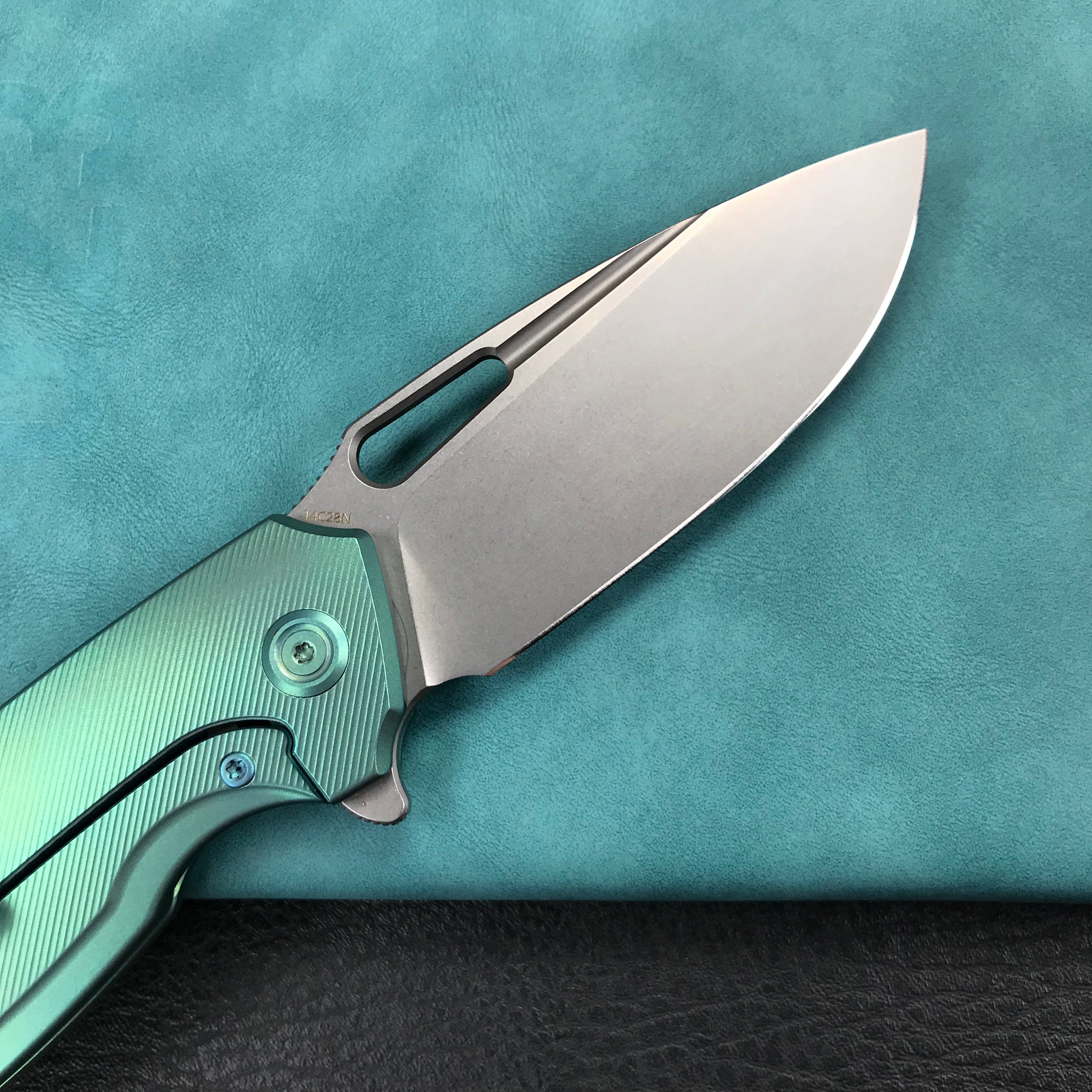 KUBEY KB360B Tityus Frame Lock Flipper Folding Knife green 6AL4V Titanium Handle  3.39" Blasted Stonewashed 14C28N