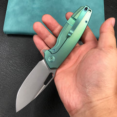 KUBEY KB360B Tityus Frame Lock Flipper Folding Knife green 6AL4V Titanium Handle  3.39" Blasted Stonewashed 14C28N