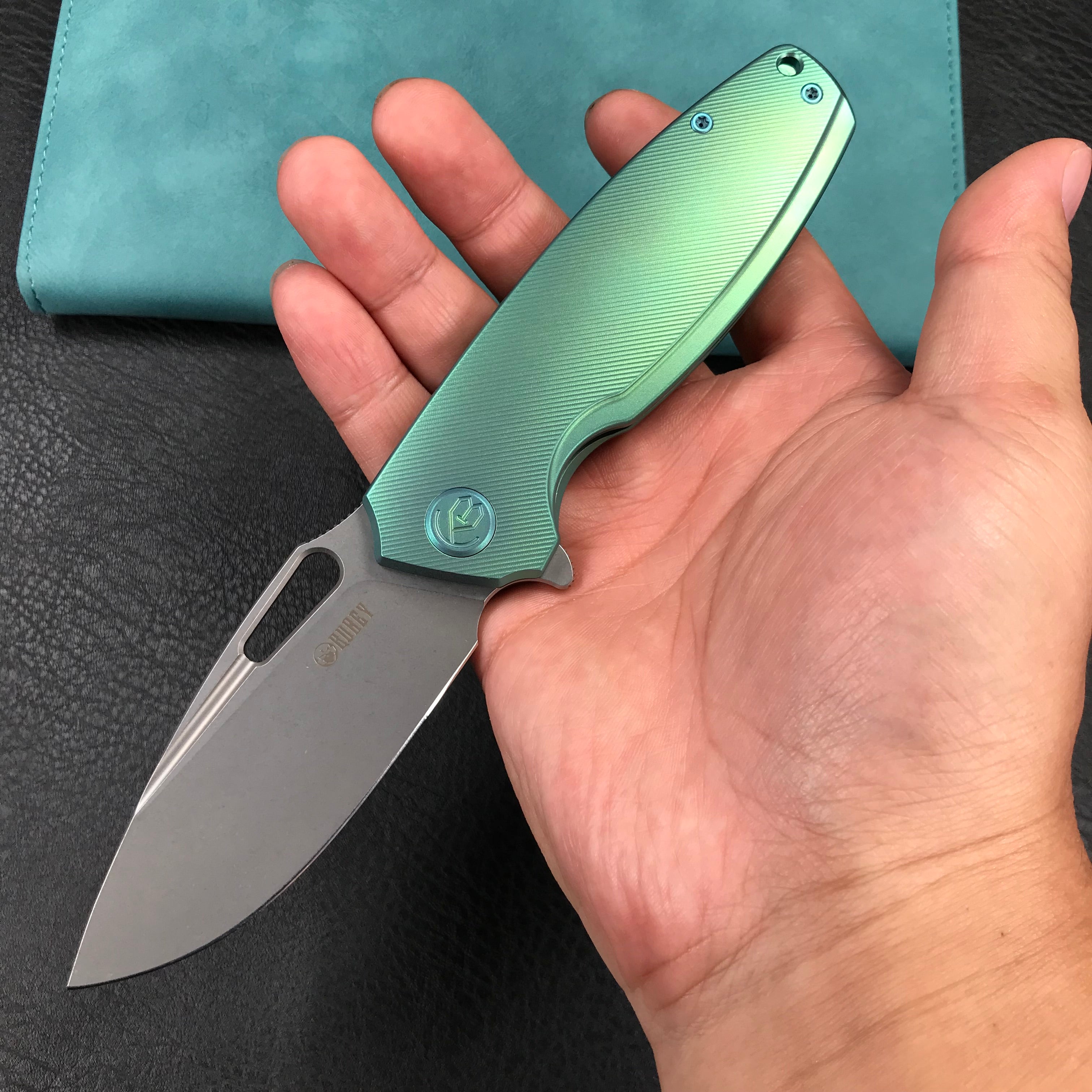 KUBEY KB360B Tityus Frame Lock Flipper Folding Knife green 6AL4V Titanium Handle  3.39" Blasted Stonewashed 14C28N