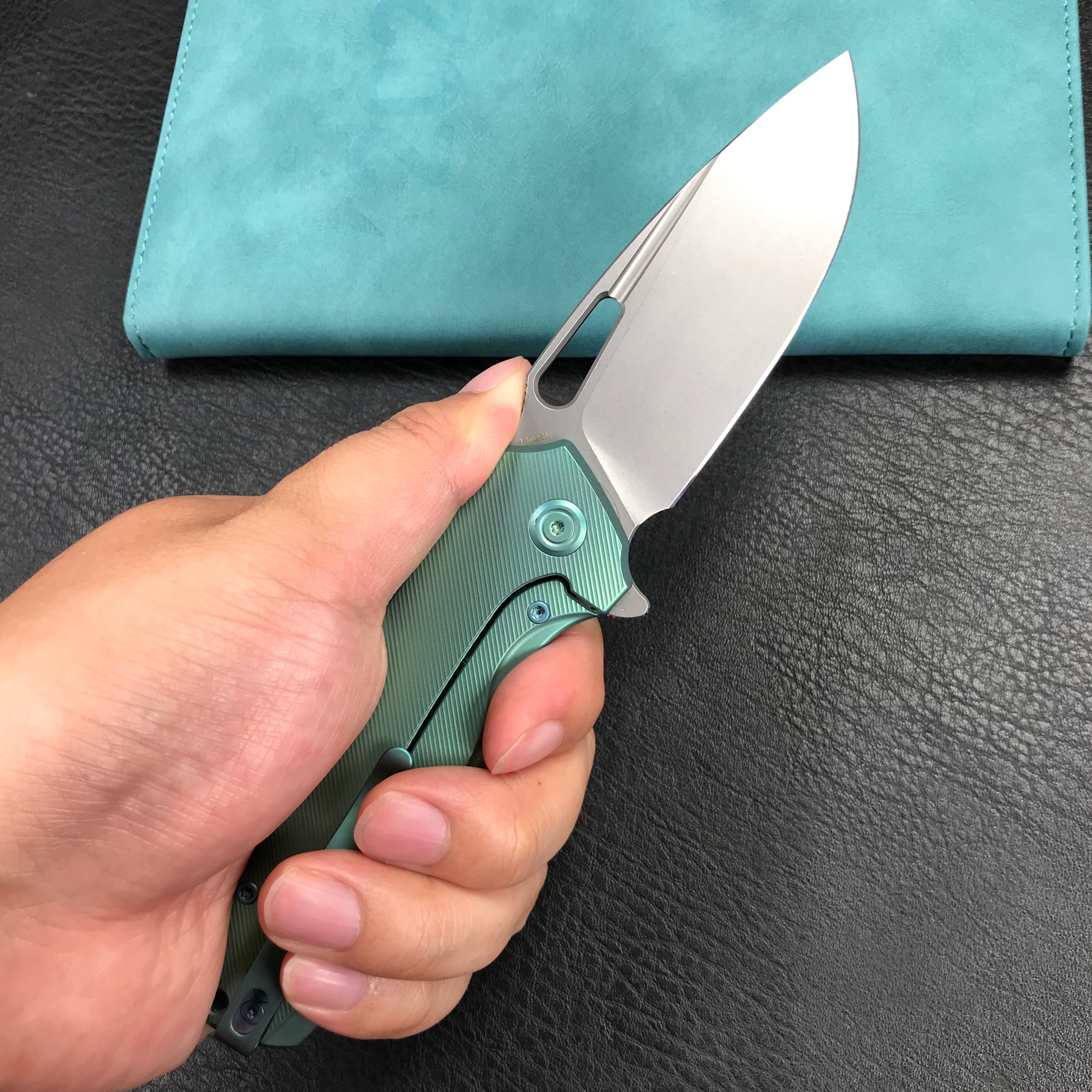 KUBEY KB360B Tityus Frame Lock Flipper Folding Knife green 6AL4V Titanium Handle  3.39" Blasted Stonewashed 14C28N