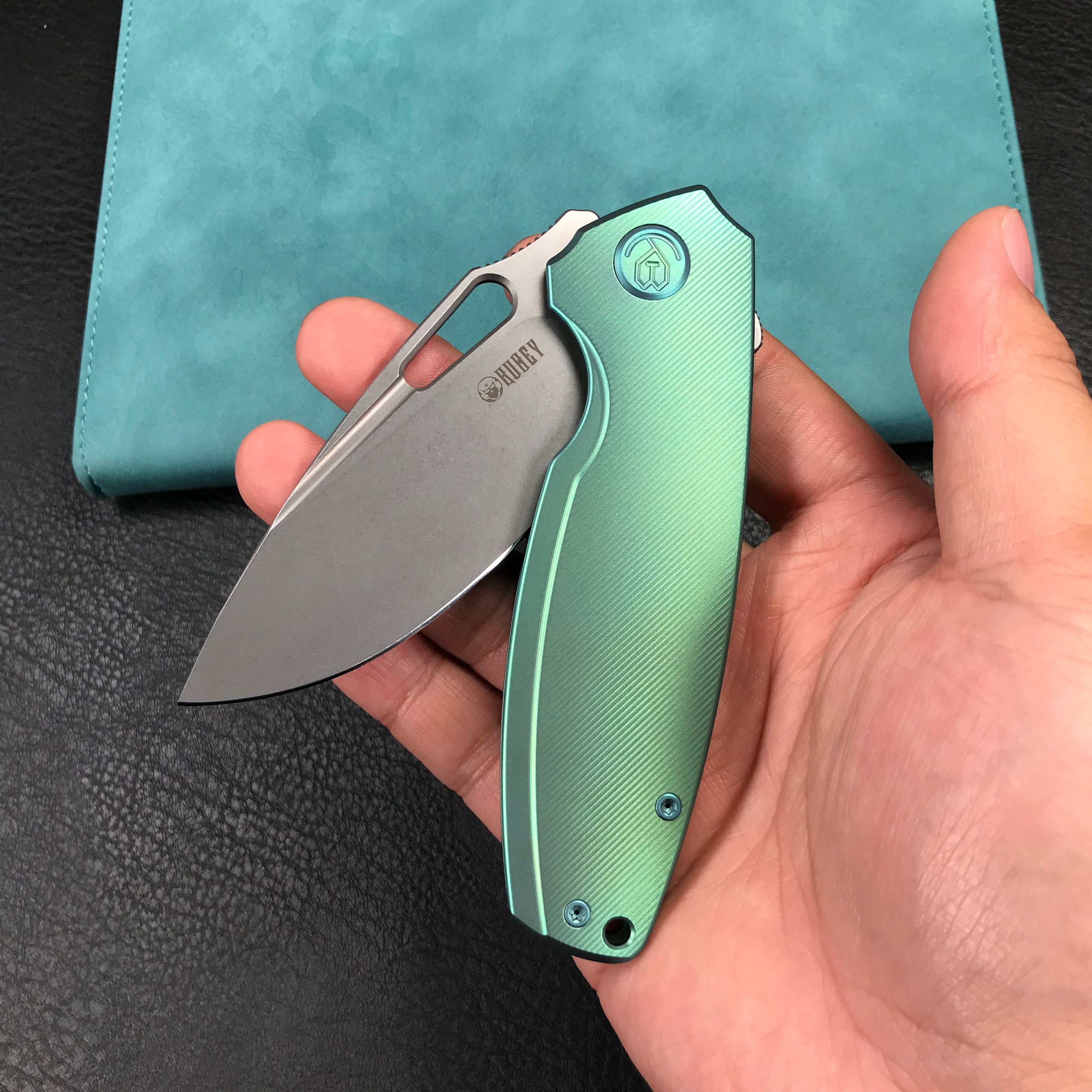 KUBEY KB360B Tityus Frame Lock Flipper Folding Knife green 6AL4V Titanium Handle  3.39" Blasted Stonewashed 14C28N