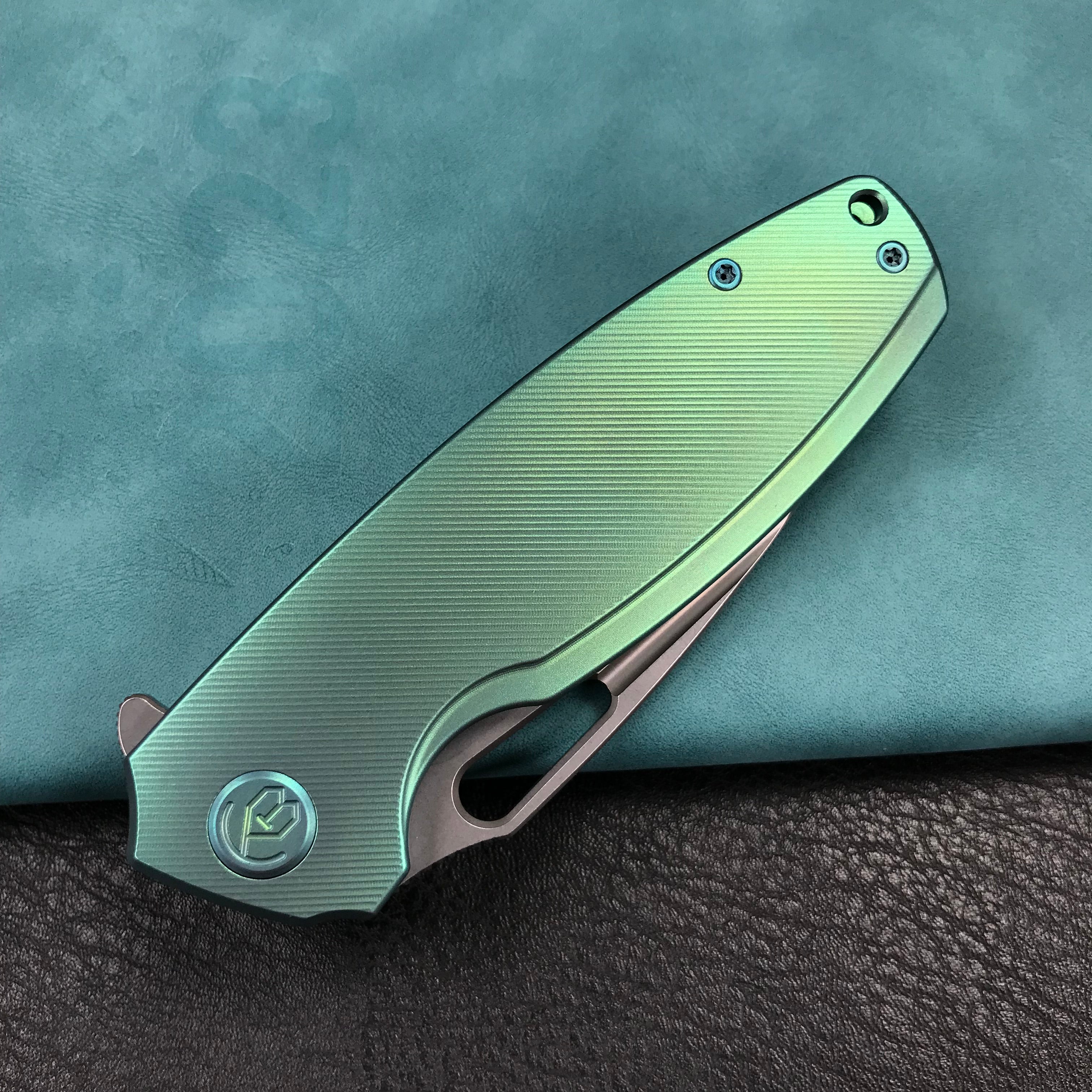 KUBEY KB360B Tityus Frame Lock Flipper Folding Knife green 6AL4V Titanium Handle  3.39" Blasted Stonewashed 14C28N