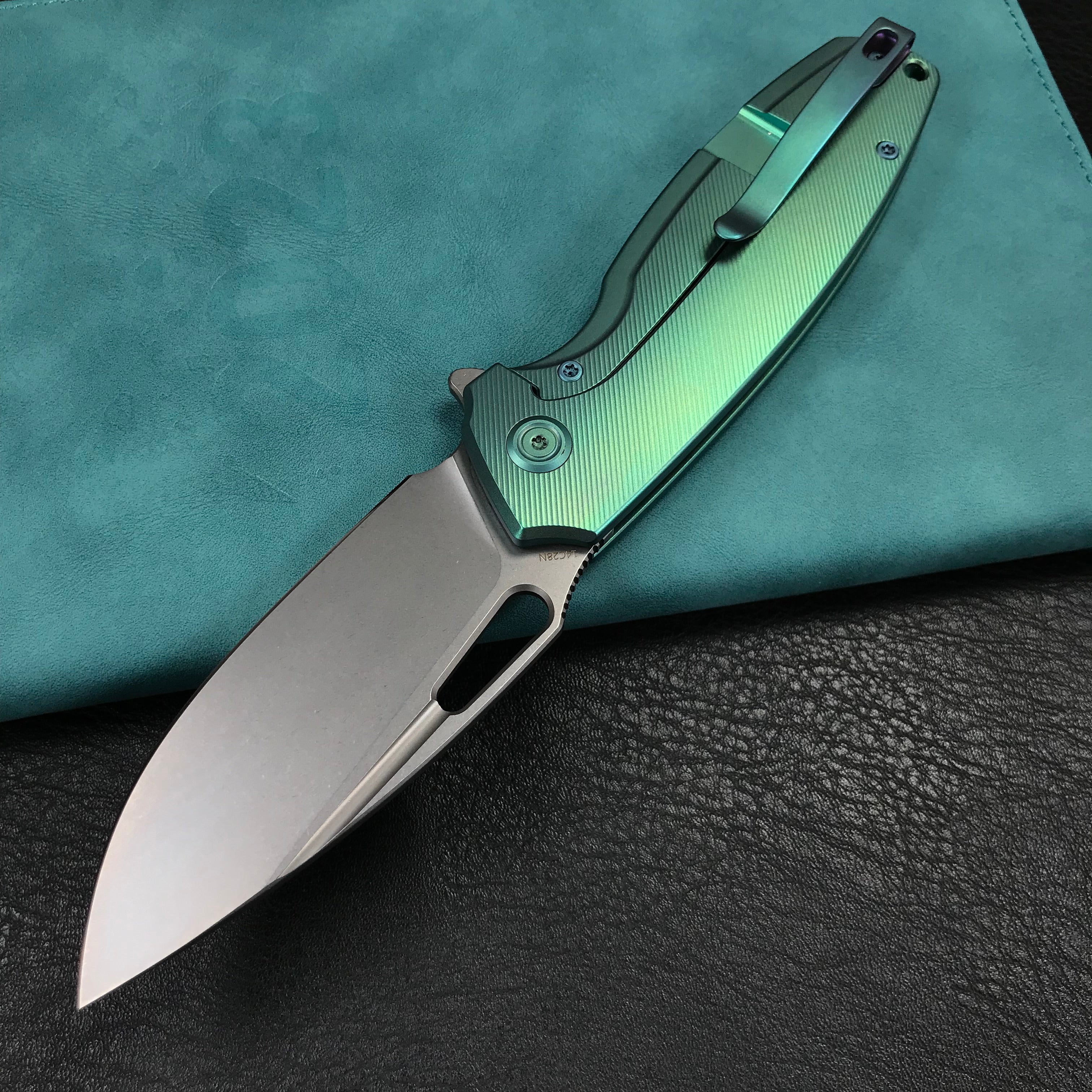 KUBEY KB360B Tityus Frame Lock Flipper Folding Knife green 6AL4V Titanium Handle  3.39" Blasted Stonewashed 14C28N