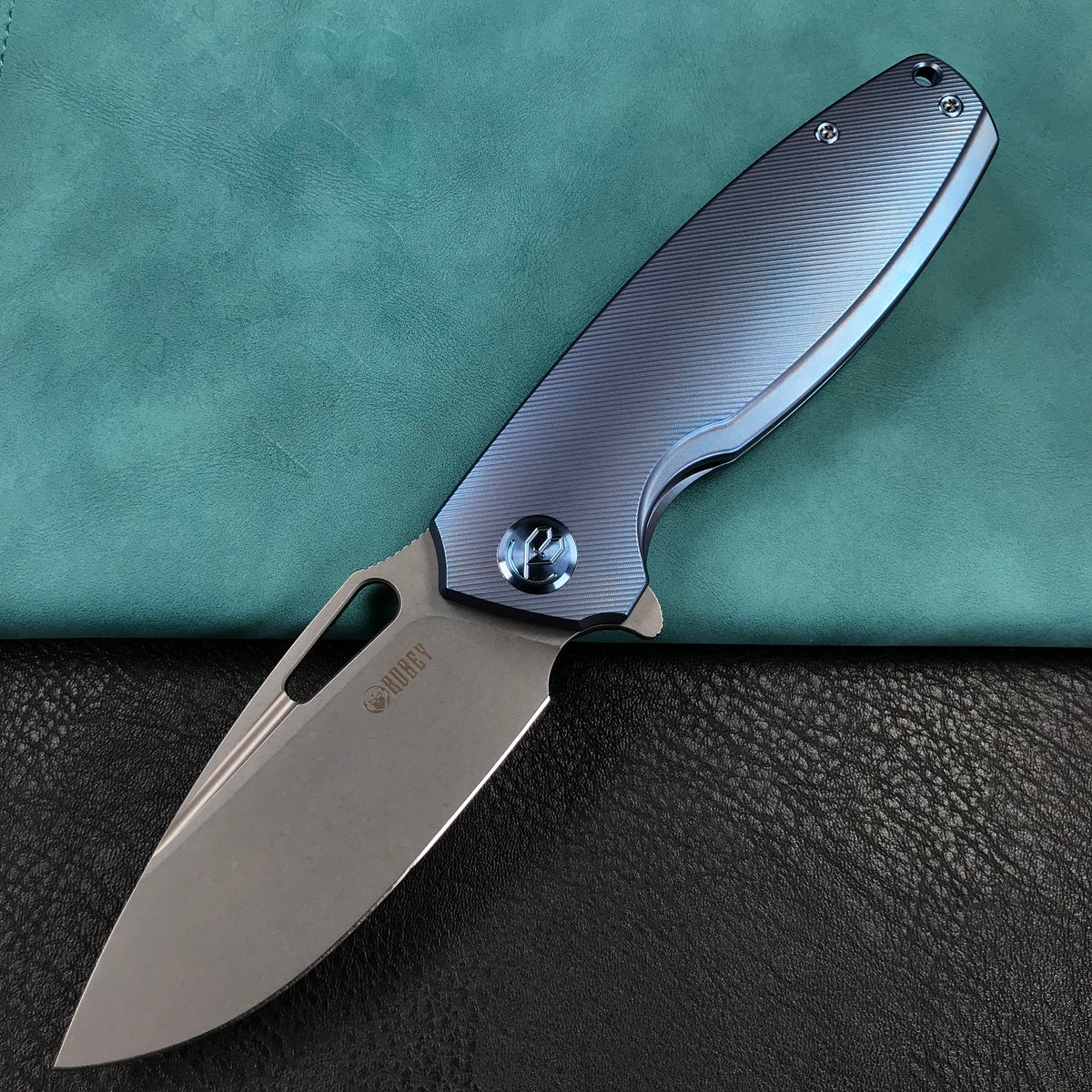 KUBEY KB360D Tityus Frame Lock Flipper Folding Knife  blue 6AL4V Titanium Handle  3.39" Blasted Stonewashed 14C28N