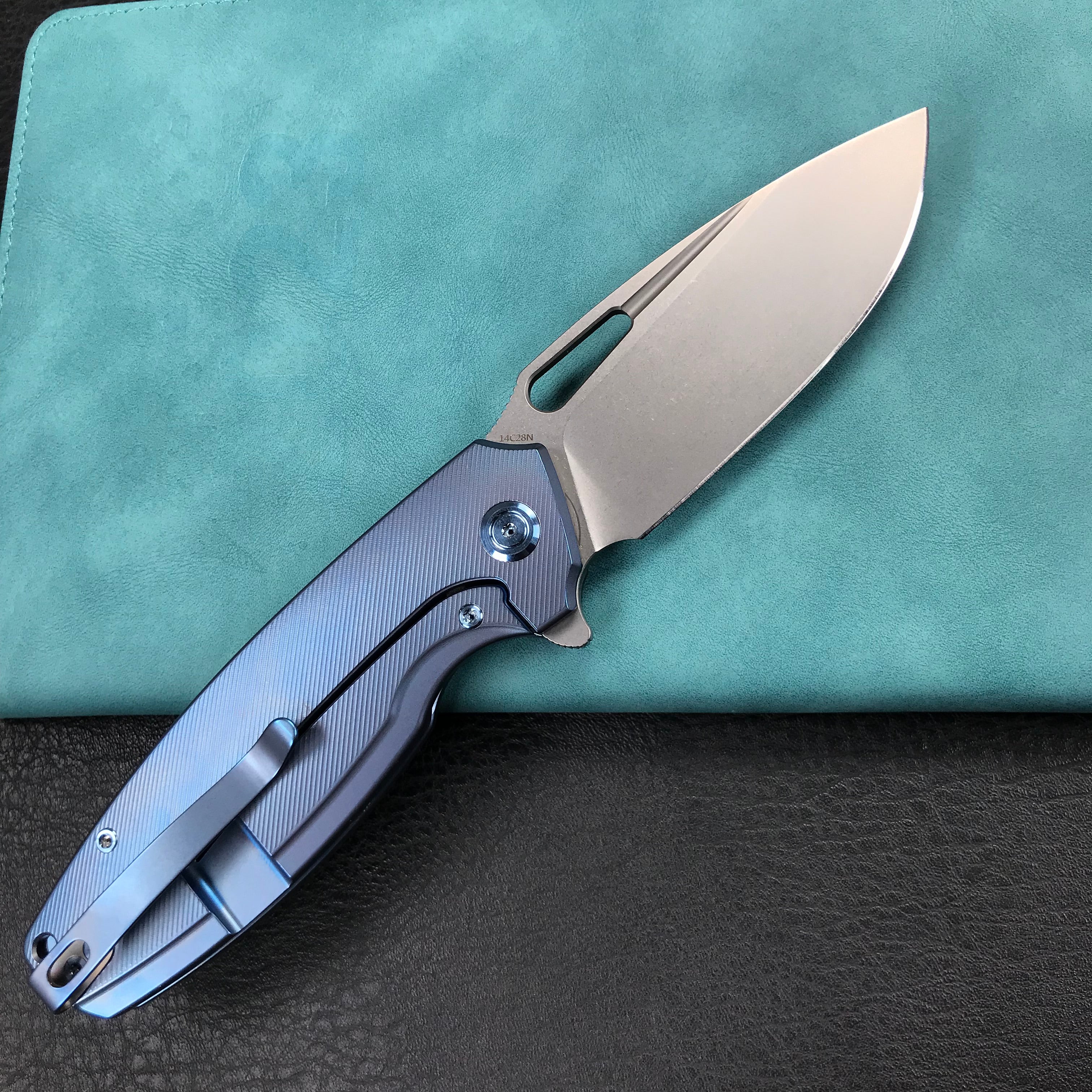 KUBEY KB360D Tityus Frame Lock Flipper Folding Knife  blue 6AL4V Titanium Handle  3.39" Blasted Stonewashed 14C28N