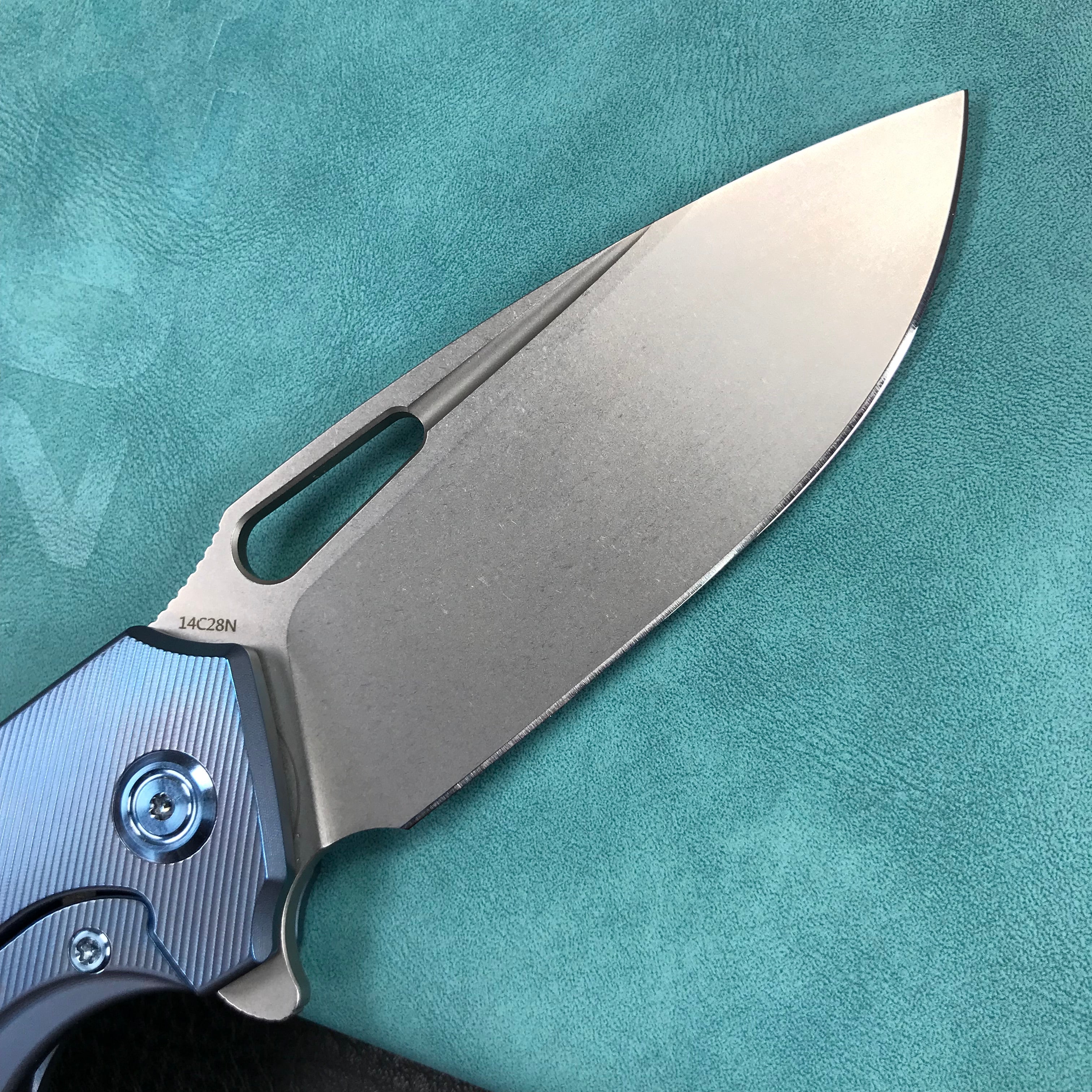 KUBEY KB360D Tityus Frame Lock Flipper Folding Knife  blue 6AL4V Titanium Handle  3.39" Blasted Stonewashed 14C28N