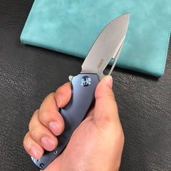 KUBEY KB360D Tityus Frame Lock Flipper Folding Knife  blue 6AL4V Titanium Handle  3.39" Blasted Stonewashed 14C28N