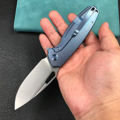 KUBEY KB360D Tityus Frame Lock Flipper Folding Knife  blue 6AL4V Titanium Handle  3.39" Blasted Stonewashed 14C28N