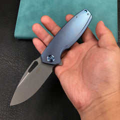 KUBEY KB360D Tityus Frame Lock Flipper Folding Knife  blue 6AL4V Titanium Handle  3.39" Blasted Stonewashed 14C28N