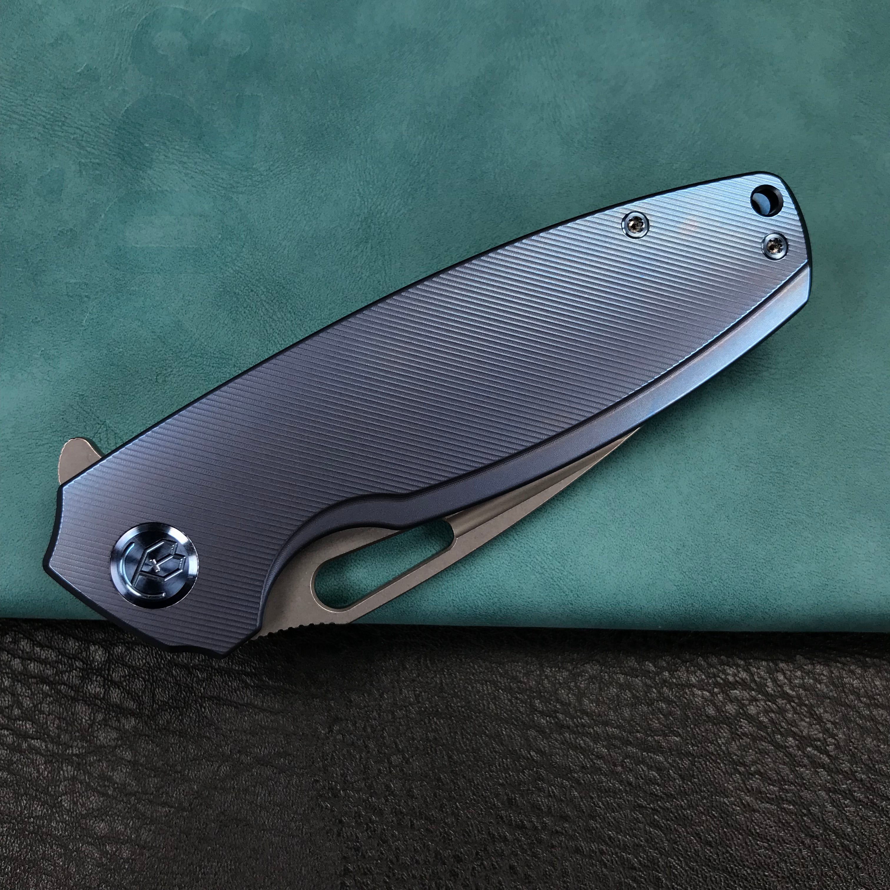 KUBEY KB360D Tityus Frame Lock Flipper Folding Knife  blue 6AL4V Titanium Handle  3.39" Blasted Stonewashed 14C28N