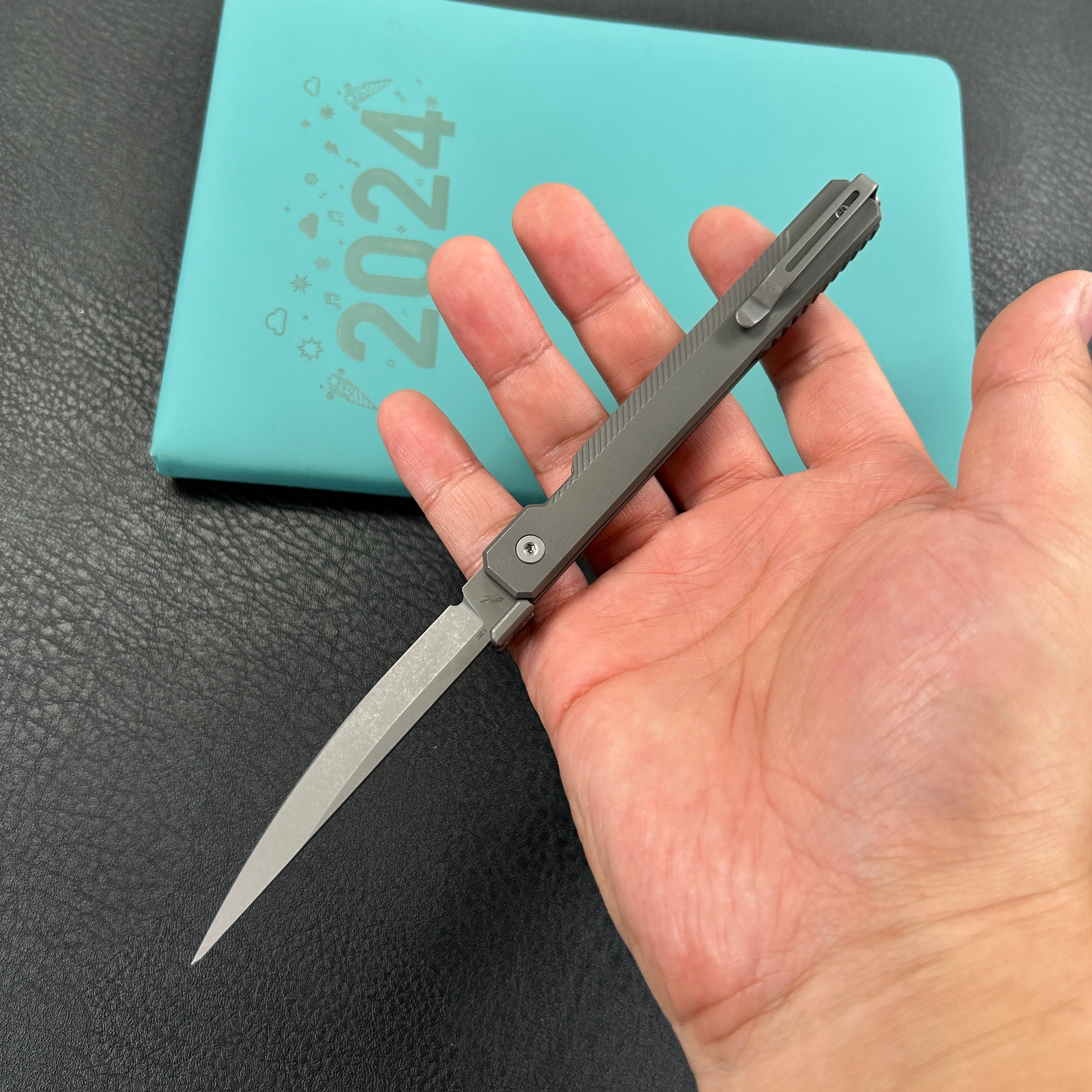 KB Knives KB211A Prism Button Lock CEO Style Pocket Knife Grey Titanium 3.54" Stonewash  M390