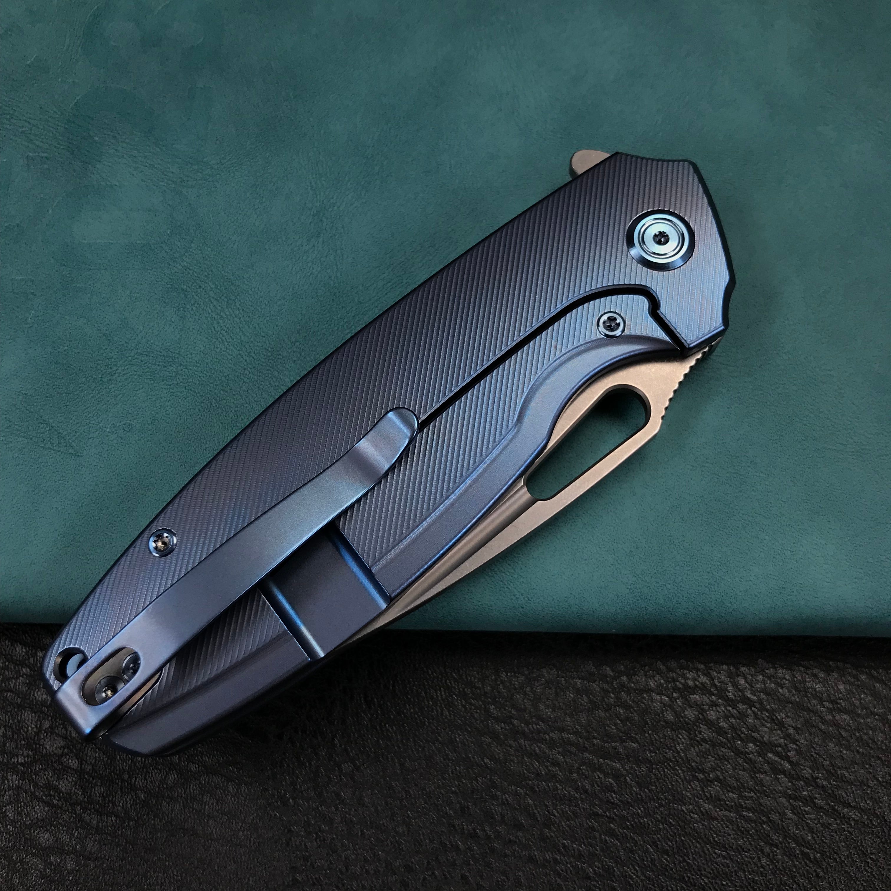 KUBEY KB360D Tityus Frame Lock Flipper Folding Knife  blue 6AL4V Titanium Handle  3.39" Blasted Stonewashed 14C28N