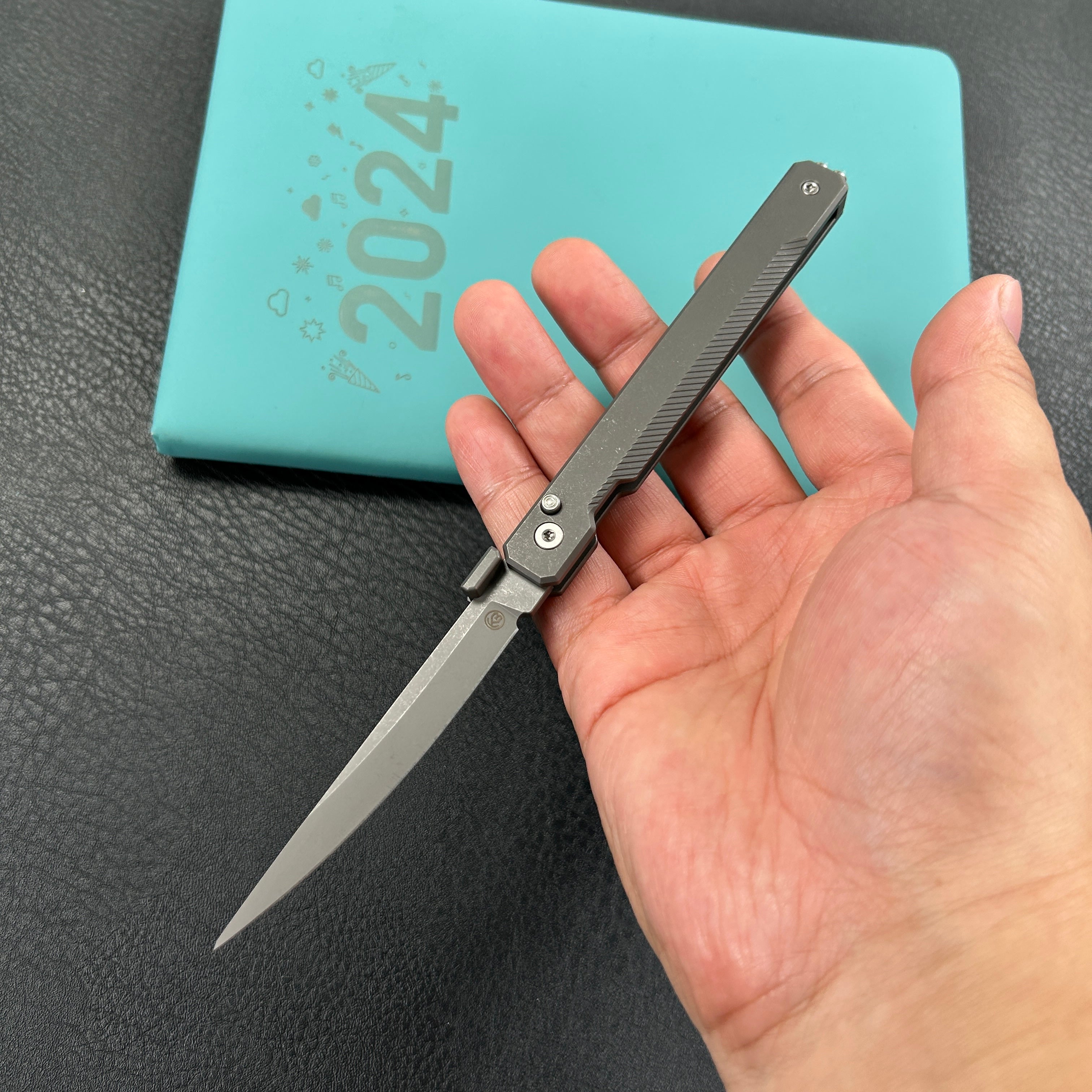 KB Knives KB211A Prism Button Lock CEO Style Pocket Knife Grey Titanium 3.54" Stonewash  M390