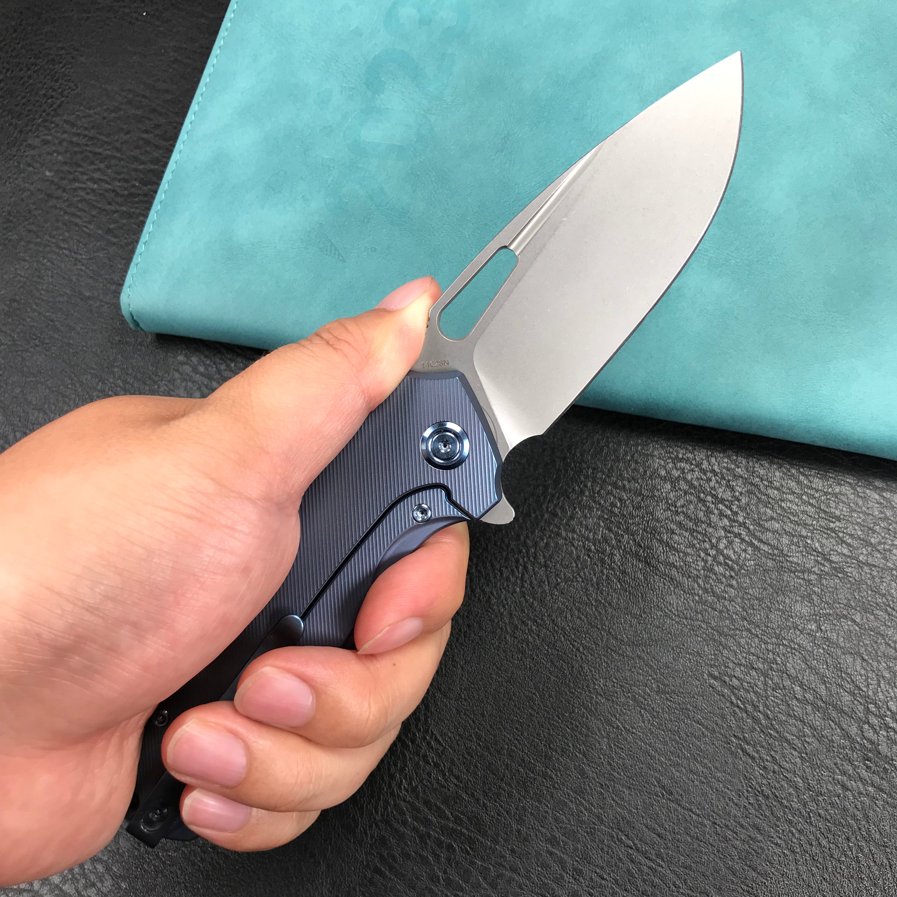 KUBEY KB360D Tityus Frame Lock Flipper Folding Knife  blue 6AL4V Titanium Handle  3.39" Blasted Stonewashed 14C28N