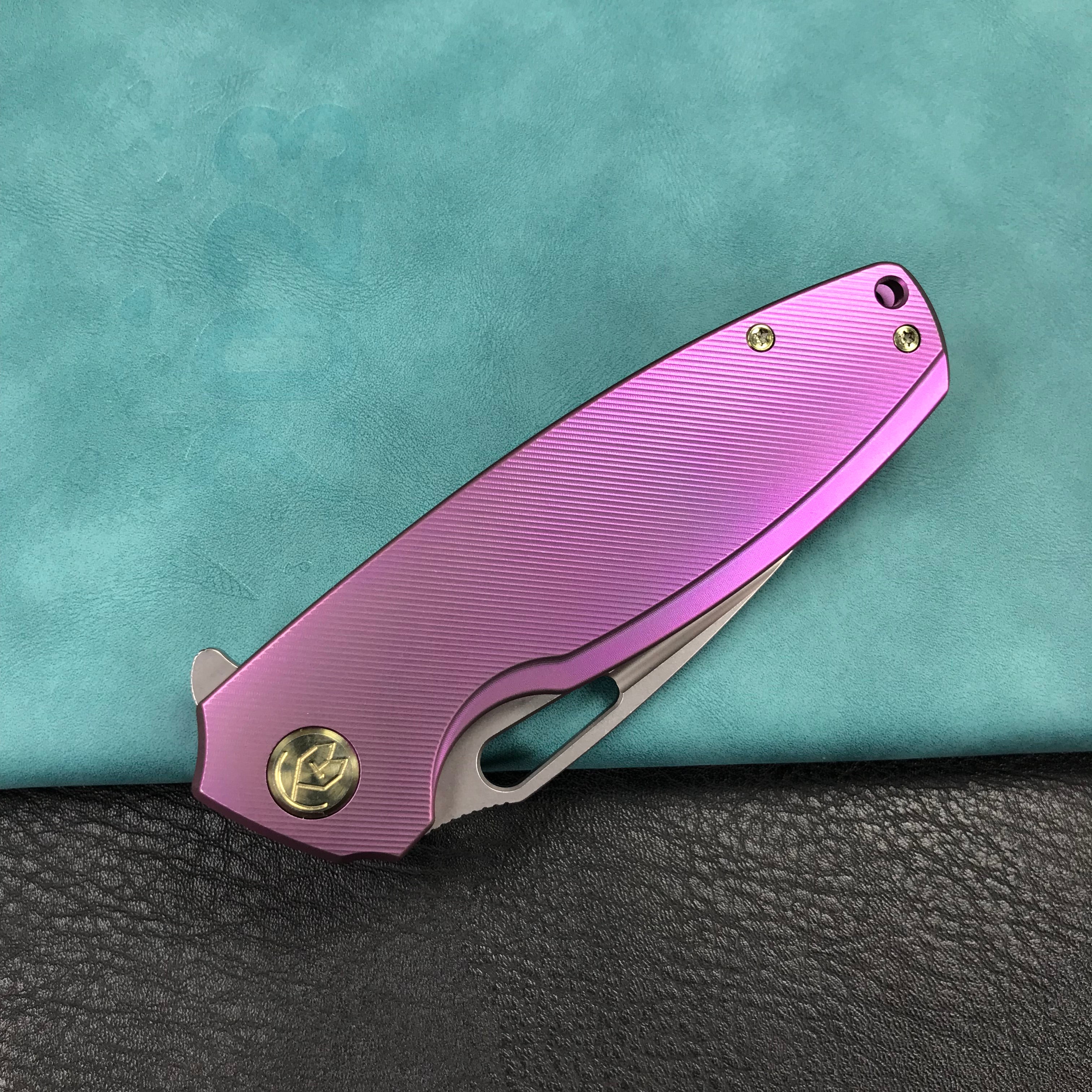 KUBEY KB360C Tityus Frame Lock Flipper Folding Knife  Purple 6AL4V Titanium Handle  3.39" Blasted Stonewashed 14C28N