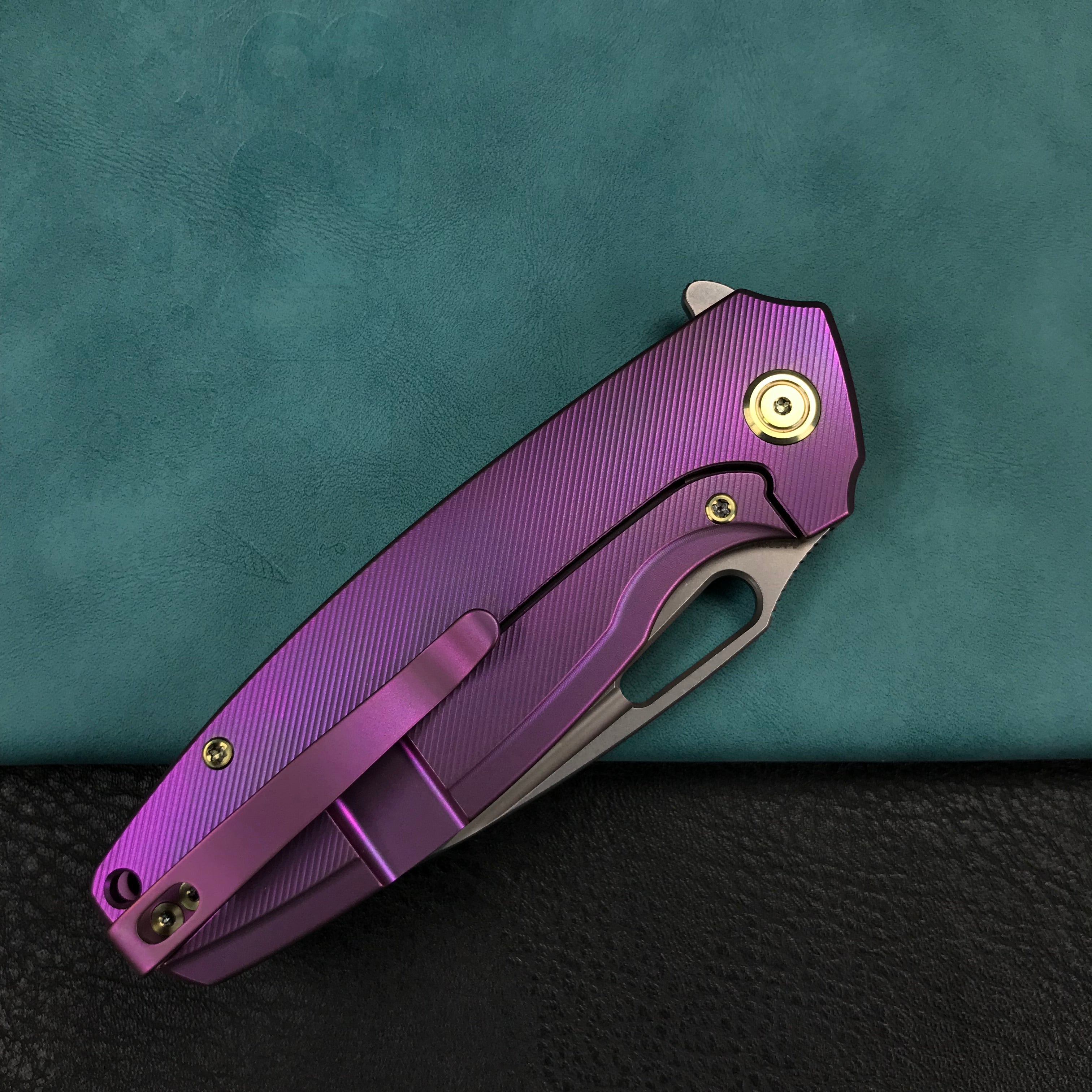 KUBEY KB360C Tityus Frame Lock Flipper Folding Knife  Purple 6AL4V Titanium Handle  3.39" Blasted Stonewashed 14C28N