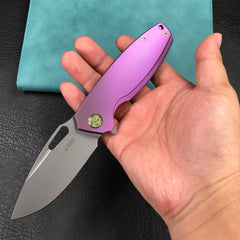 KUBEY KB360C Tityus Frame Lock Flipper Folding Knife  Purple 6AL4V Titanium Handle  3.39" Blasted Stonewashed 14C28N